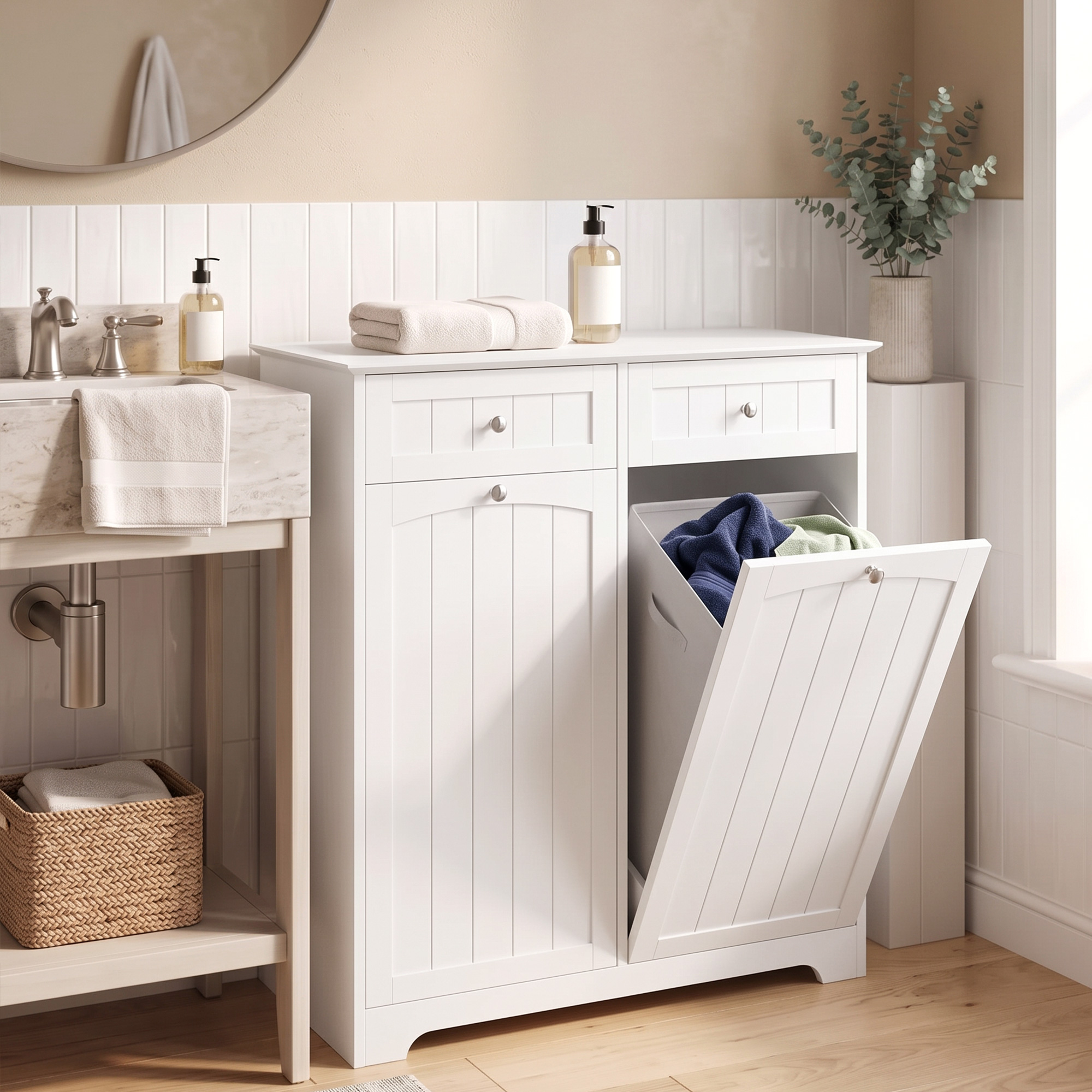 schmaler Badschrank freistehend mit Schubladen und Wäschekippe Badezimmerschrank 78x38x90 cm Weiß