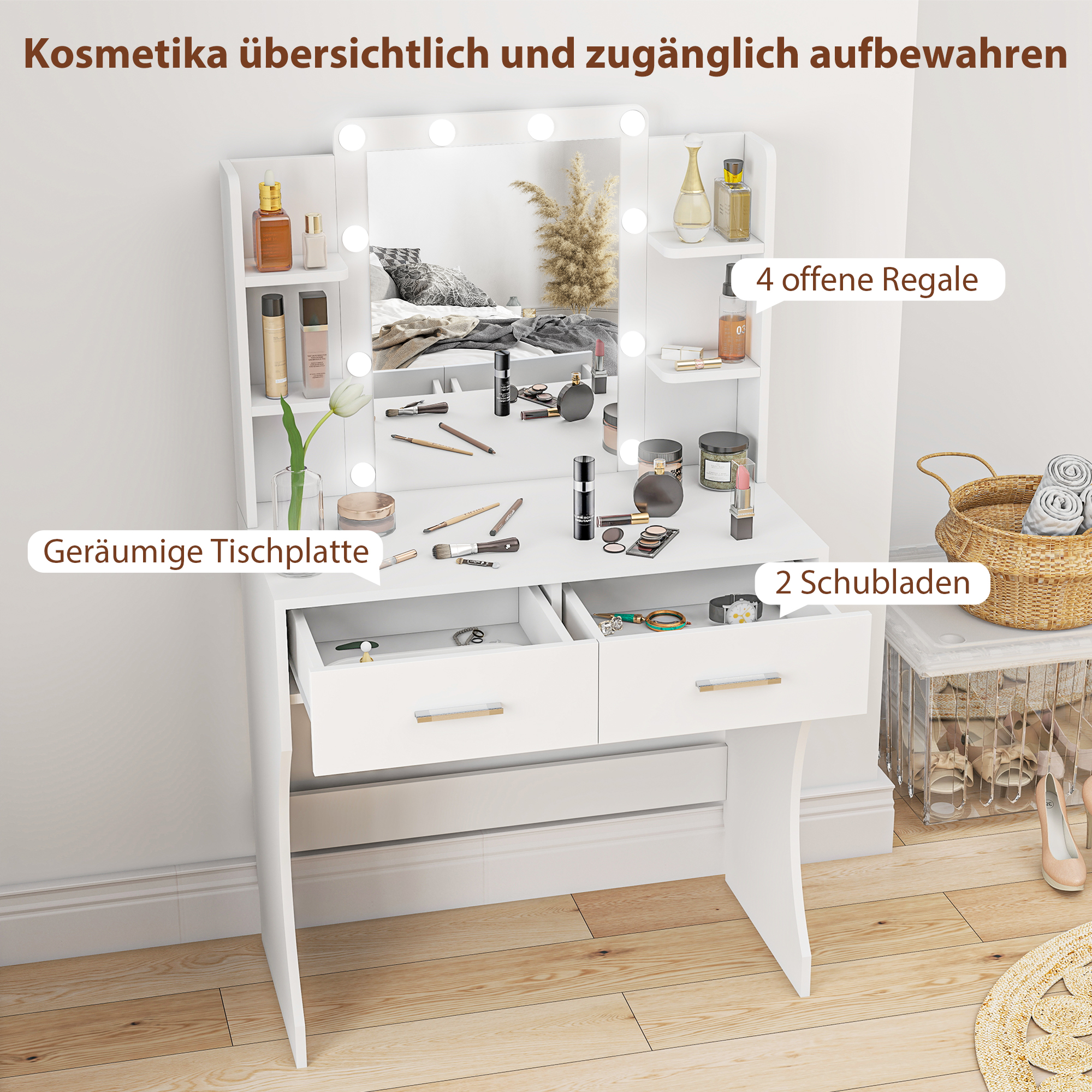 Schminktisch mit Spiegel und dimmbaren LED-Lampen, Schubladen, Regale, Weiß