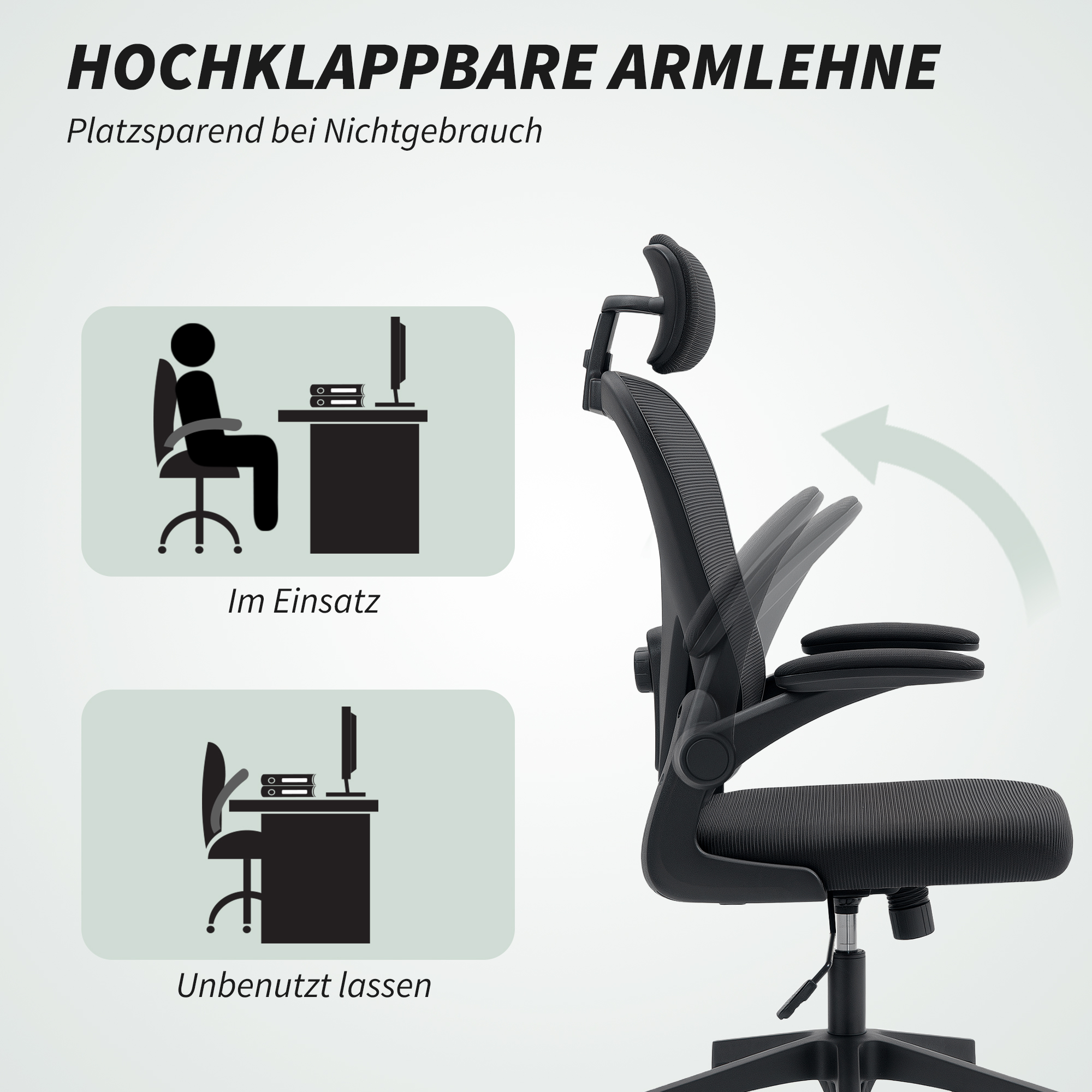 Bürostuhl Ergonomischer Schreibtischstuhl mit Hochklappbaren Armlehnen, Verstellbarer Lendenwirbelstütze Schwarz