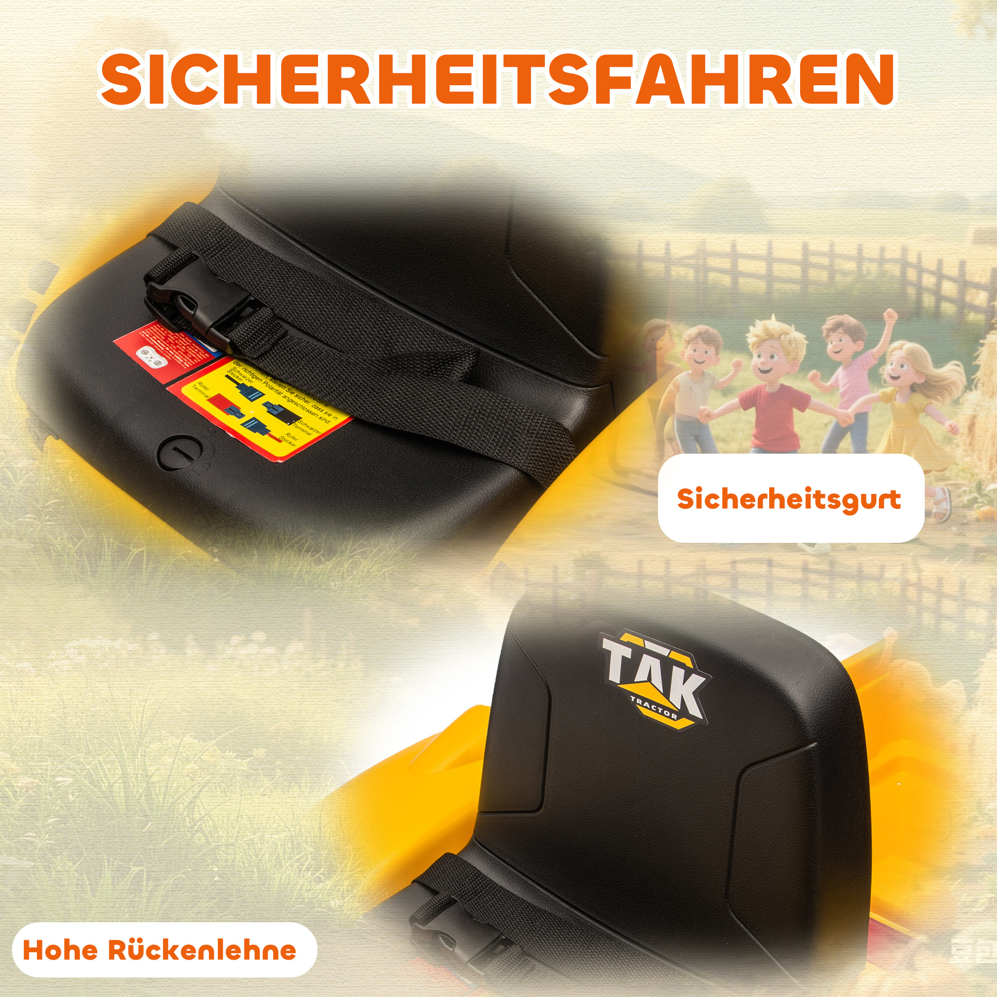 Elektrisches Aufsitz-Baufahrzeug, Spielzeugbagger mit Anhänger, 3-8 Jahre, Kunststoff, Stahl, Gelb