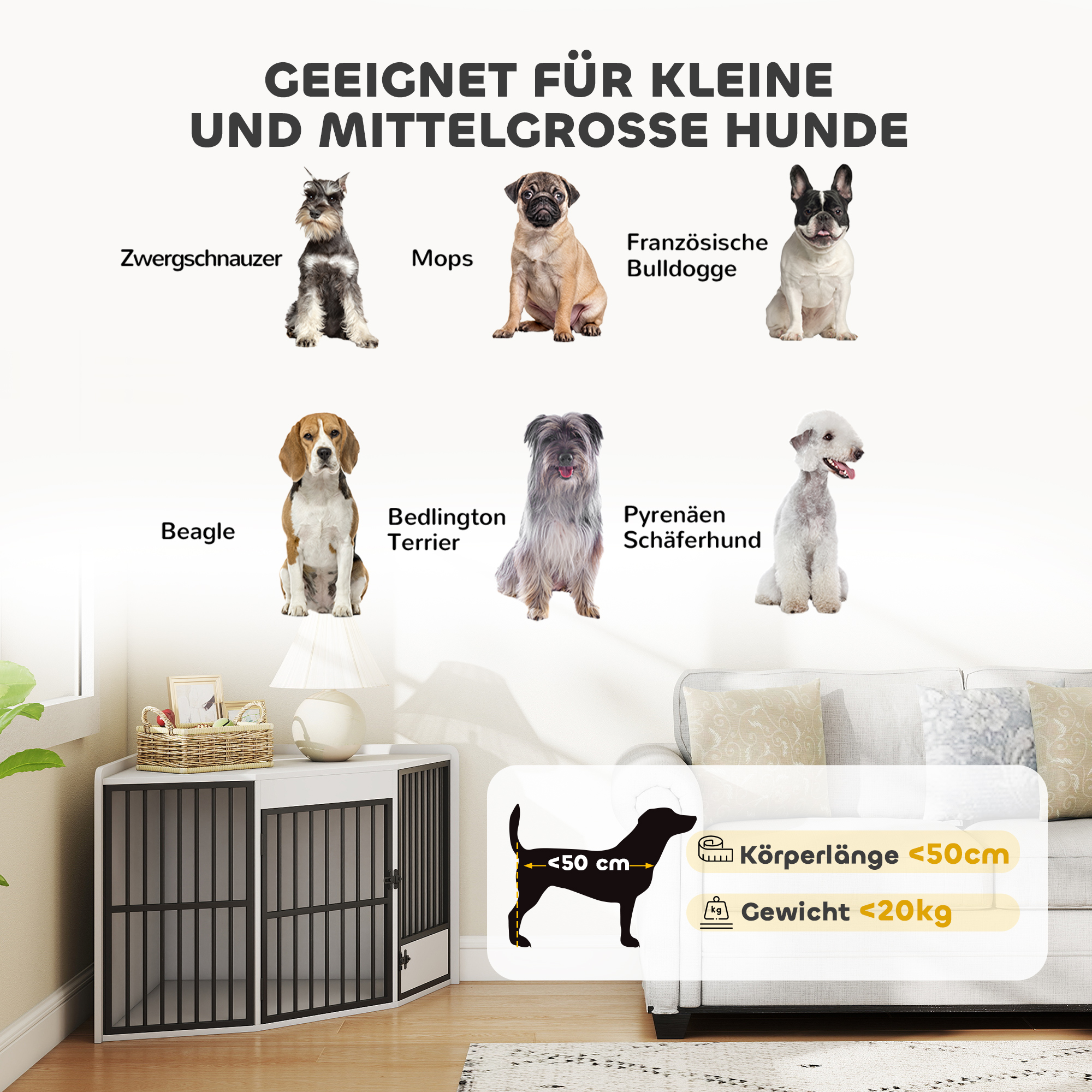 Hundebox, Aufenthaltsbox für kleine und mittelgroße Hunde, Haustierbox, Fütterungstür, MDF, Metall, Weiß