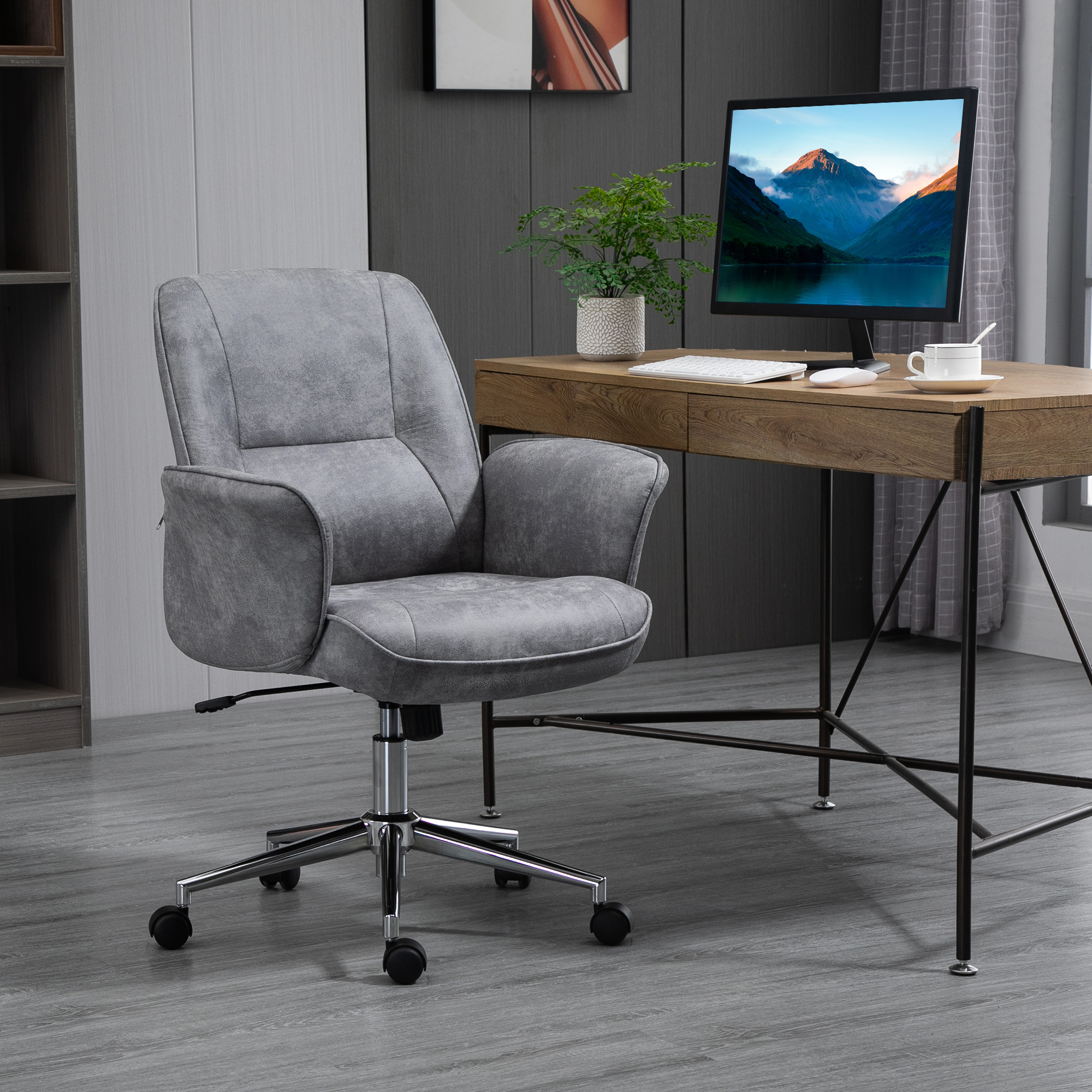 Bürostuhl mit Wippfunktion Schreibtischstuhl höhenverstellbarer Drehstuhl ergonomischer Arbeitsstuhl modern Belastbar bis 120 kg Mikrofaser Hellgrau 67 x 69 x 92-102 cm