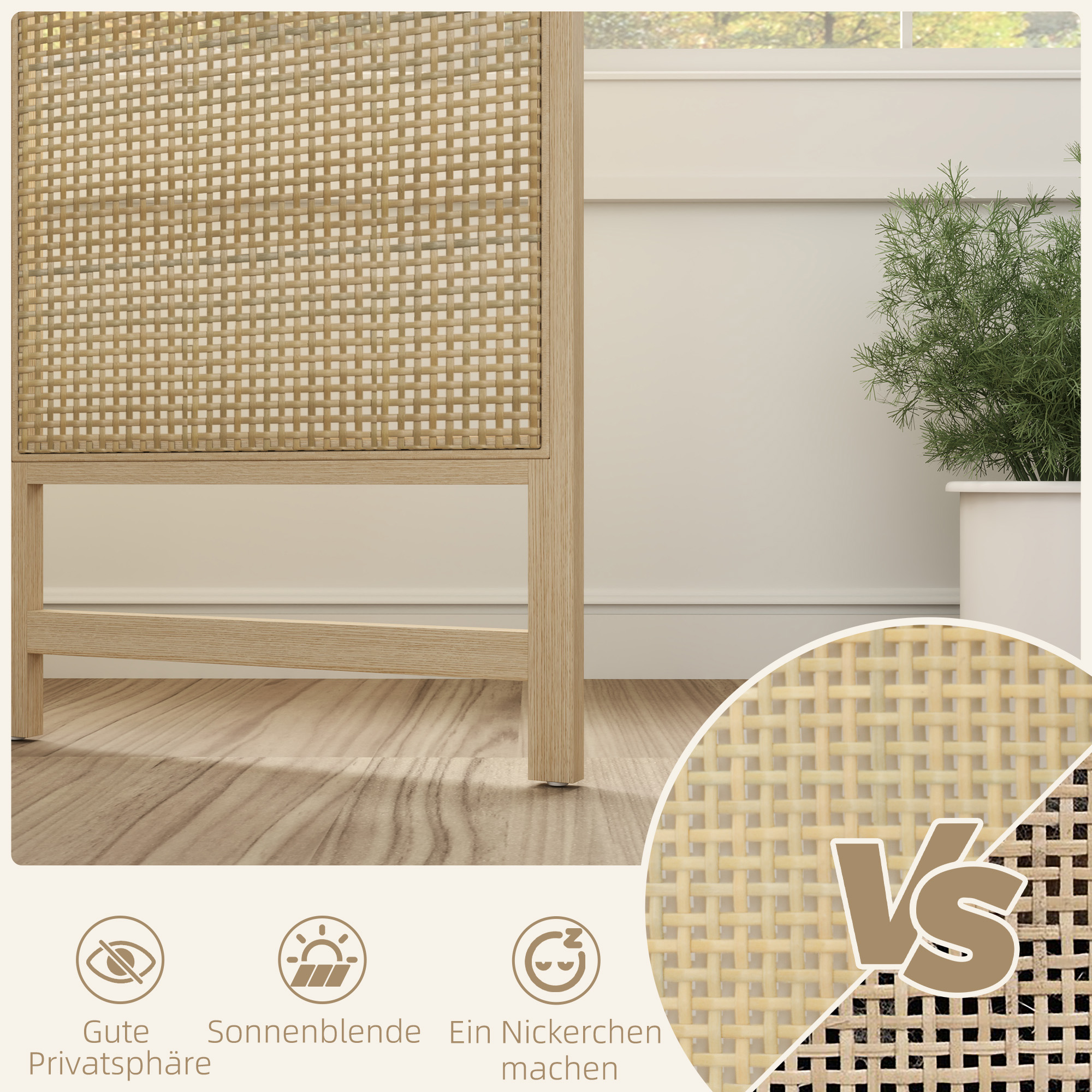 3-teiliger Raumteiler, 180 cm faltbarer Wandschirm, Freistehender Raumtrenner mit handgewebtem Design für Zuhause, Natur
