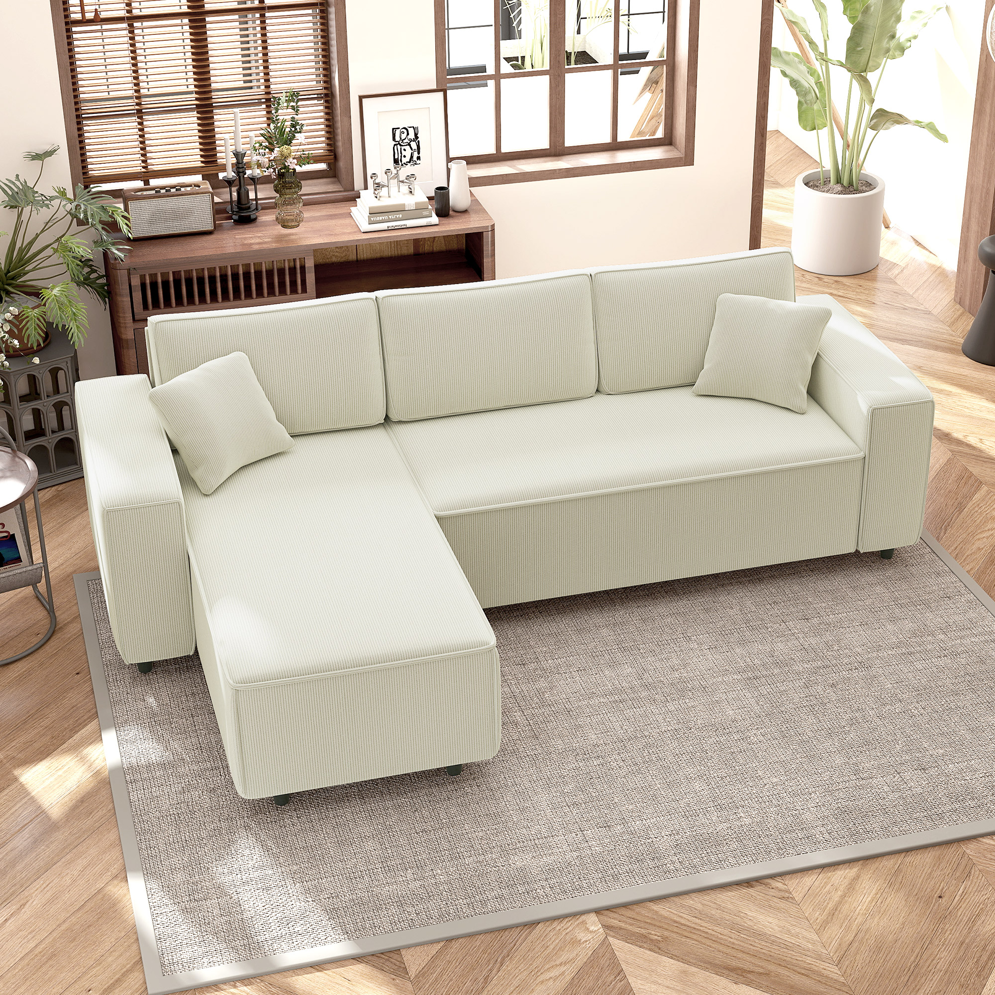3-Sitzer-Sofa mit Chaiselongue, Wohnzimmercouch mit Cordbezug, 2 Extra-Kissen, Polstersofa, Cremeweiß