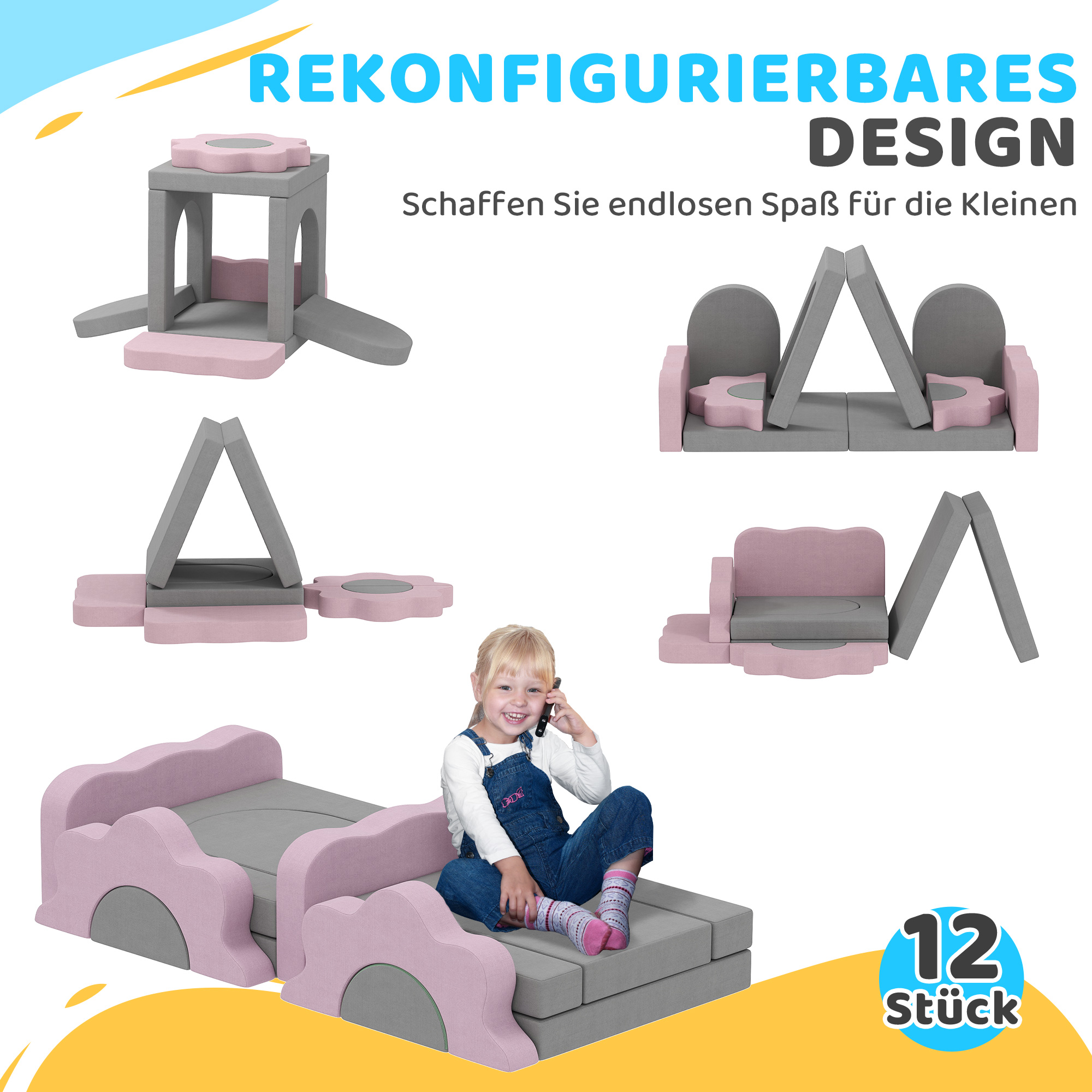 12-teiliges Set Schaumstoffblöcke zum Klettern, Bauen, Krabbeln, Indoor-Spielmatten mit Cordbezug, Grau+Rosa