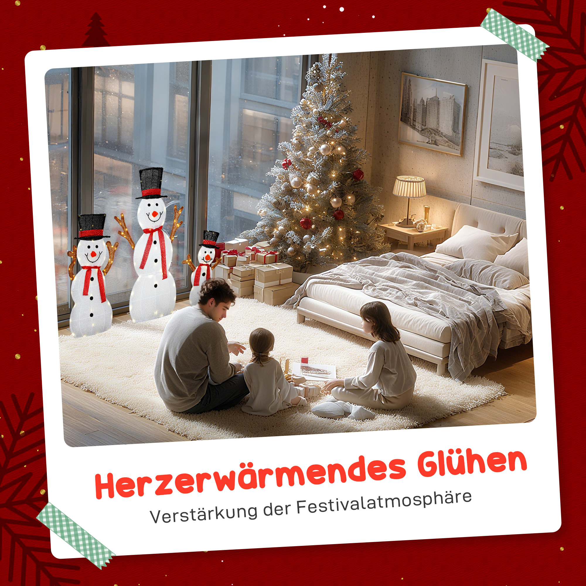 3-teilige weihnachtliche Schneemann-Familie, Außendekoration, LED-Lichter, Bodenpfähle, wasserfest, Stahl, Polyester, Weiß
