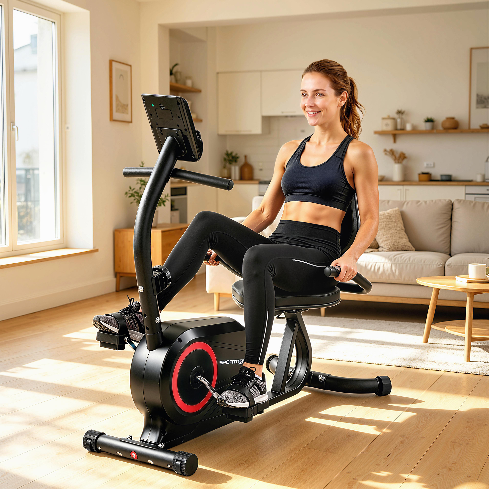 Liegeergometer für Zuhause mit 8 verstellbar Widerstandsstufe Magnetbremse APP Pulssensor LCD-Display Fußriemen