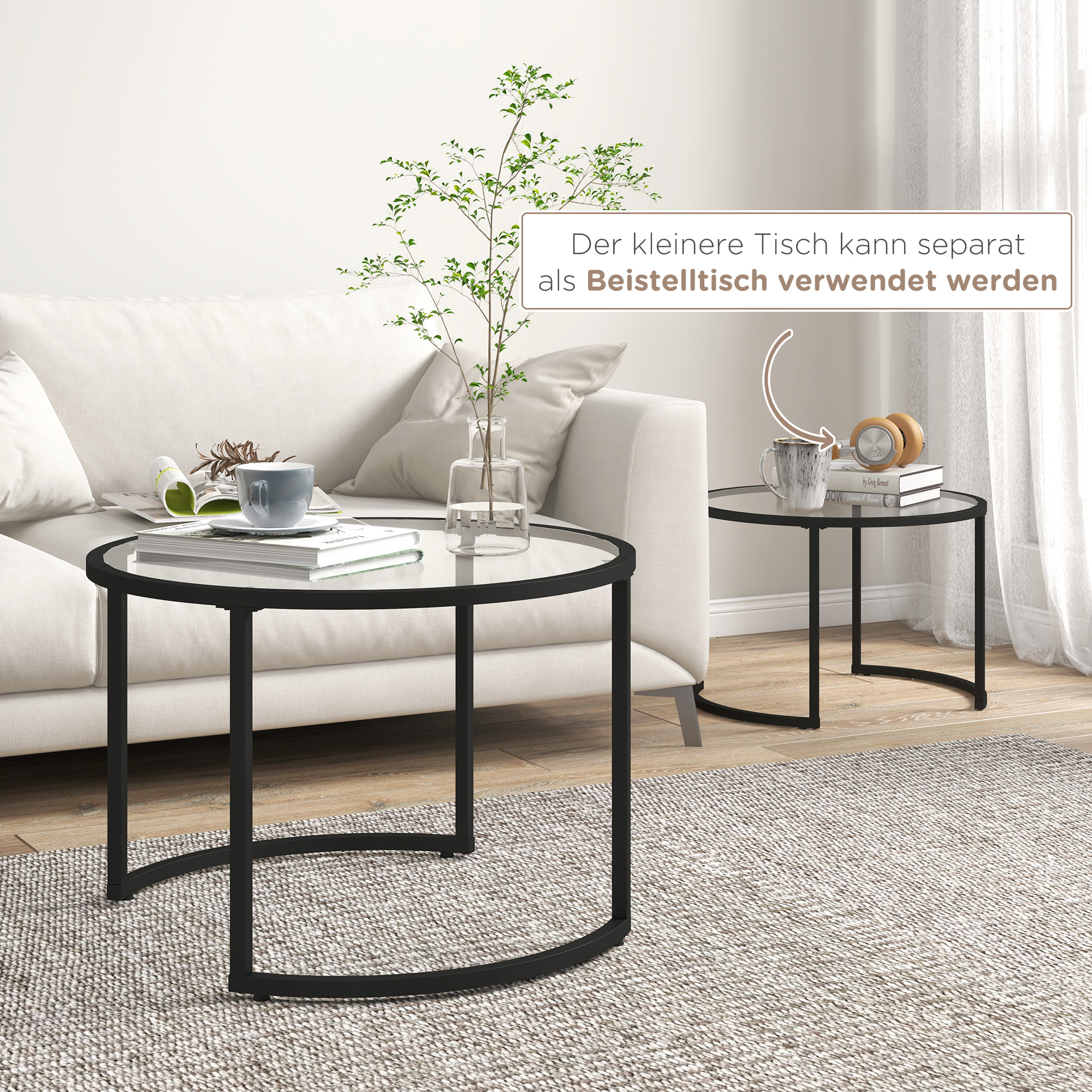 2er-Set Beistelltische Couchtische Industrie-Design, Glastische, stapelbar, Schwarz + Transparent