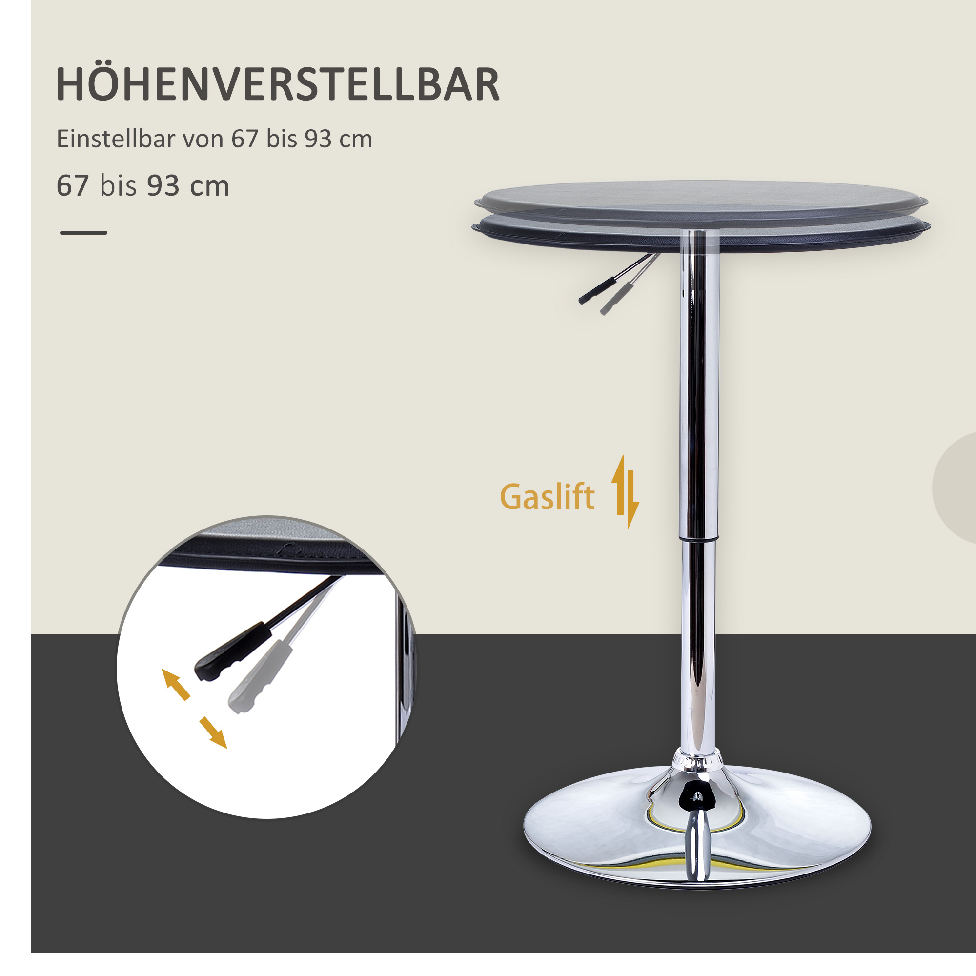 Bartisch, höhenverstellbar, Kunstlederbezug, Vintage-Design, Schwarz + Silber