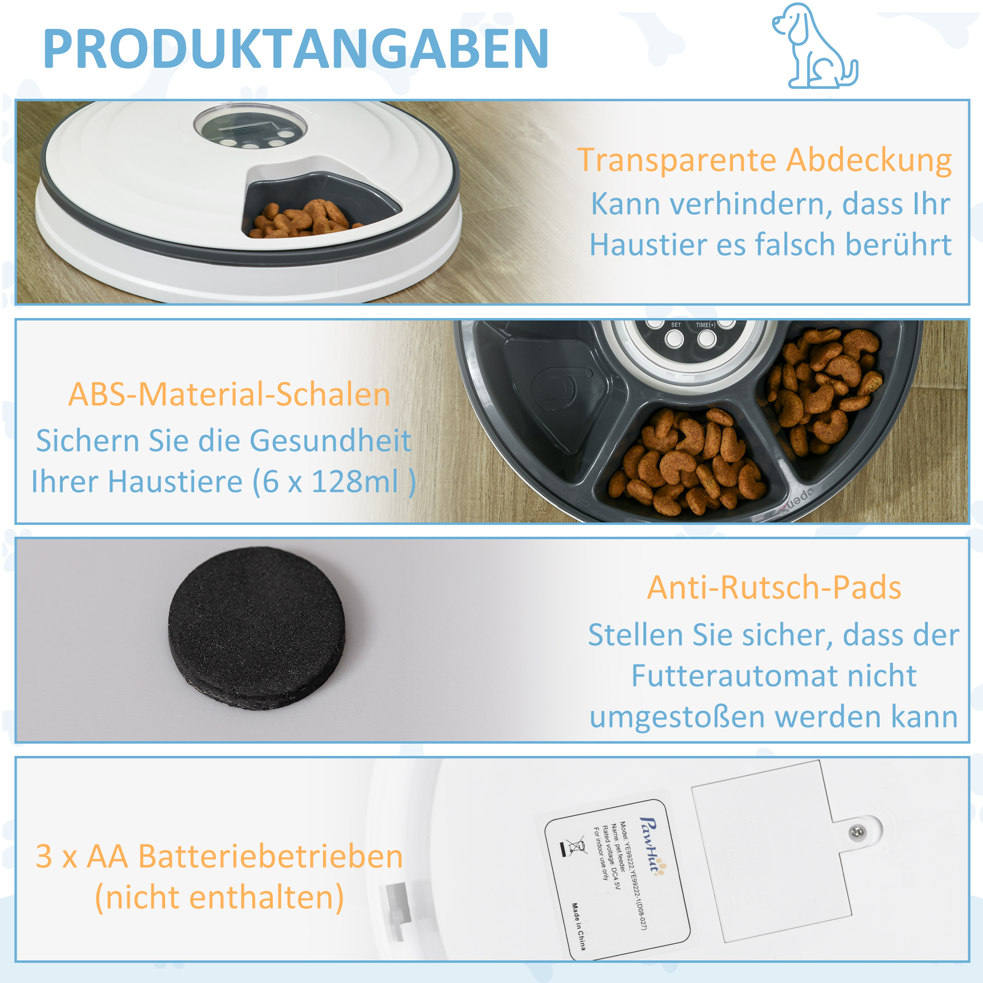 Futterautomat Katze Nassfutter Katzenfutter mit LED-Display, Programmierbarem Timer, 6 Futter-Fächer für je 70 g Trockenfutter 4 Mahlzeiten Automatischer Futterspender für Hunde Katzen