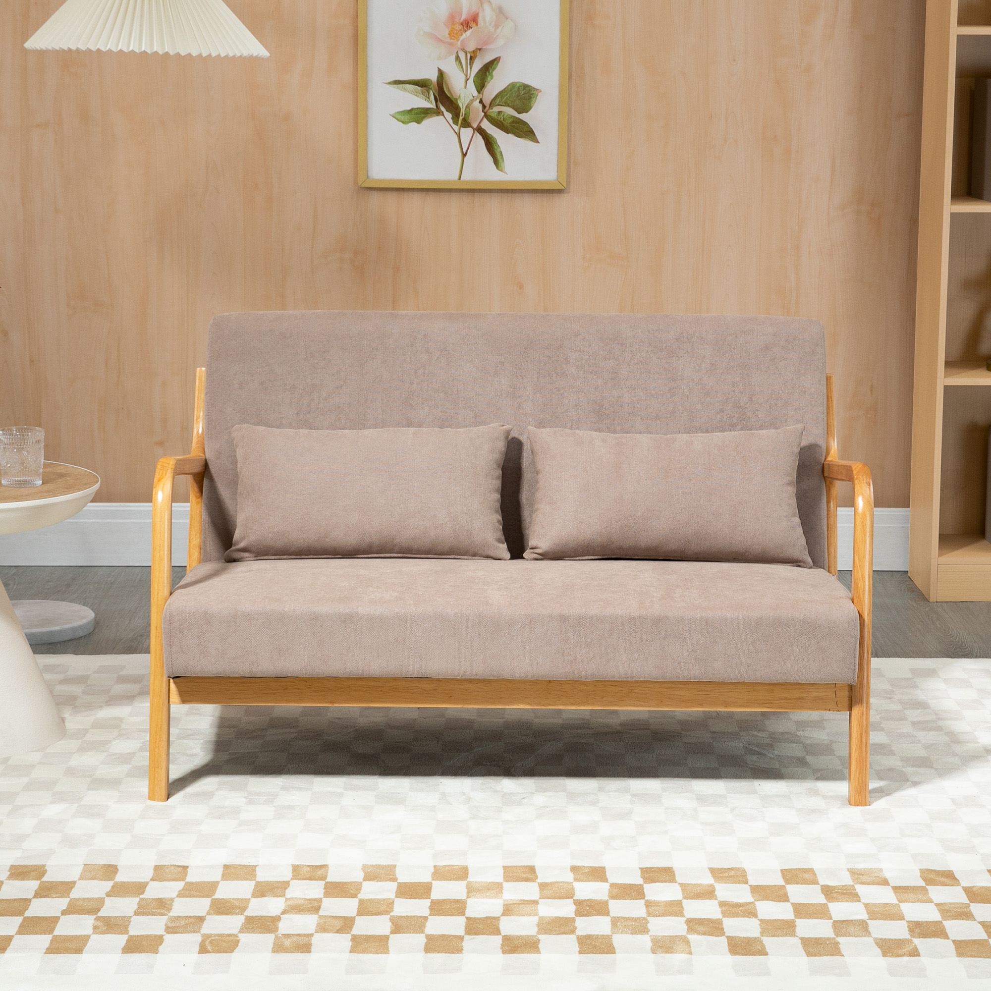 2-er Sofa, 2-Sitzer, kleines Sofa, Retrodesign, 2 Kissen, Kautschukholz, Braun + Natur