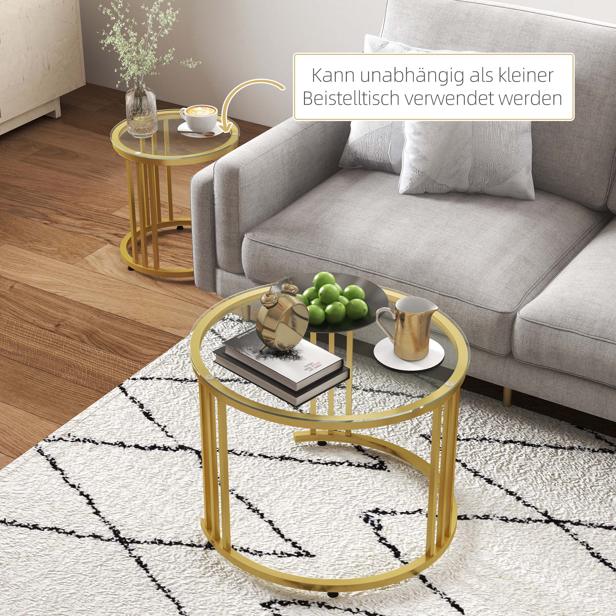 Beistelltisch-Set, 2 Satztische, Karbonstahl, Glasplatte, Ø60x47/Ø40x42 cm, Gold