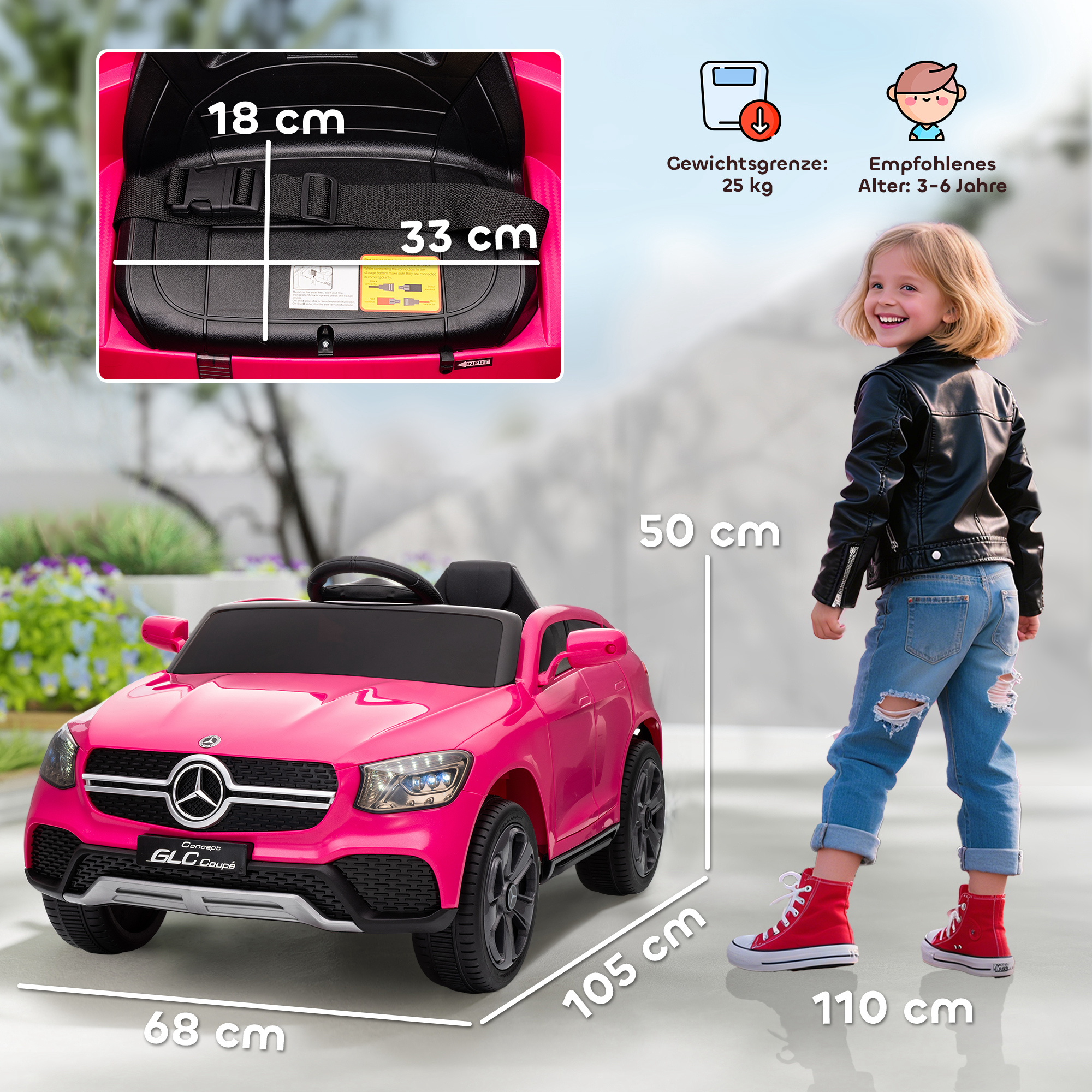 Elektroauto für Kinder, 12V Kinderauto mit Fernbedienung, LED-Lichter, Musik, 3 Geschwindigkeiten, 3-6 Jahre, Rosa