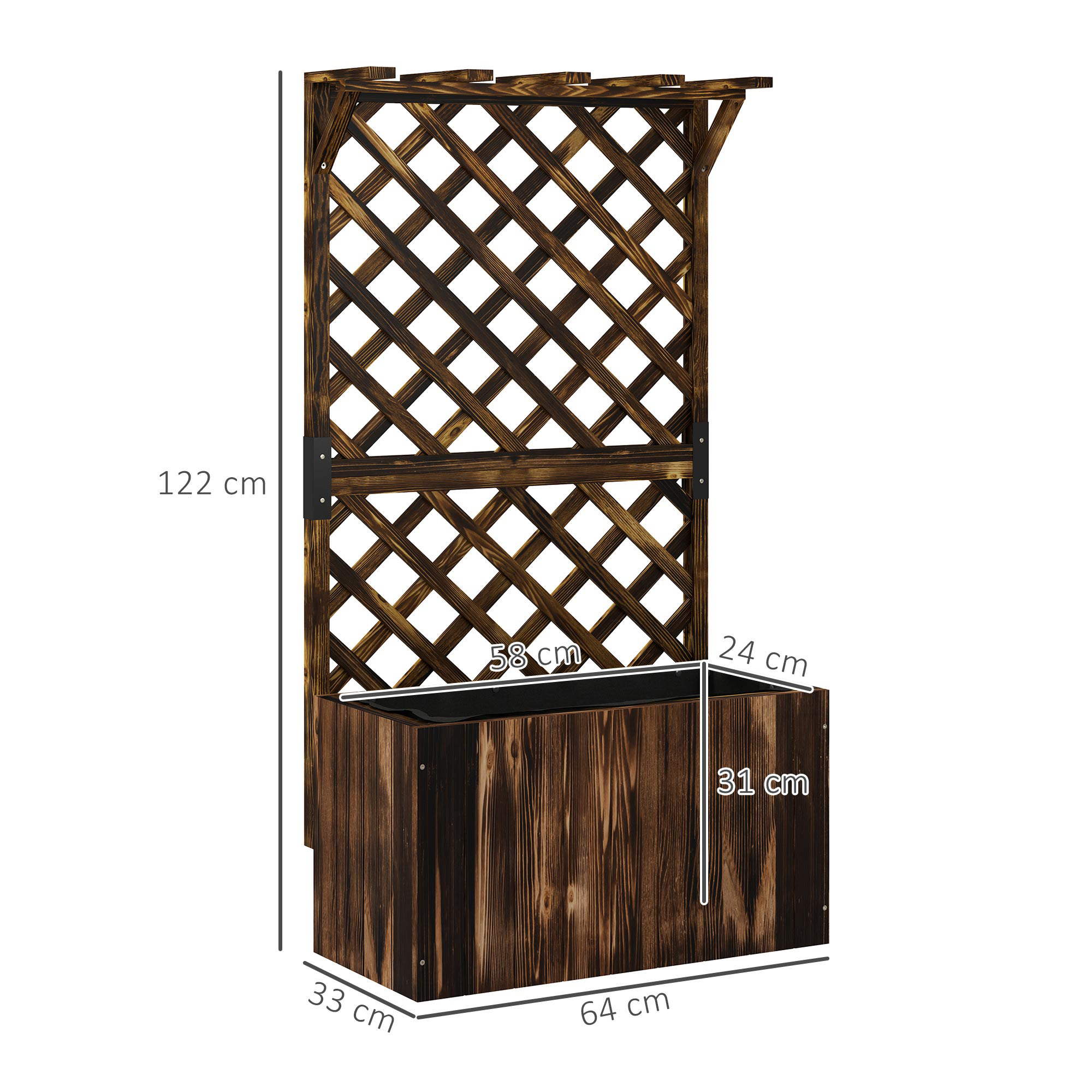 Hochbeet Pflanzkasten mit Rankgitter, Spalier Pflanzkübel Blumenkasten Holz, Gartenspalier 64 x 33 x 122cm Verkohlt