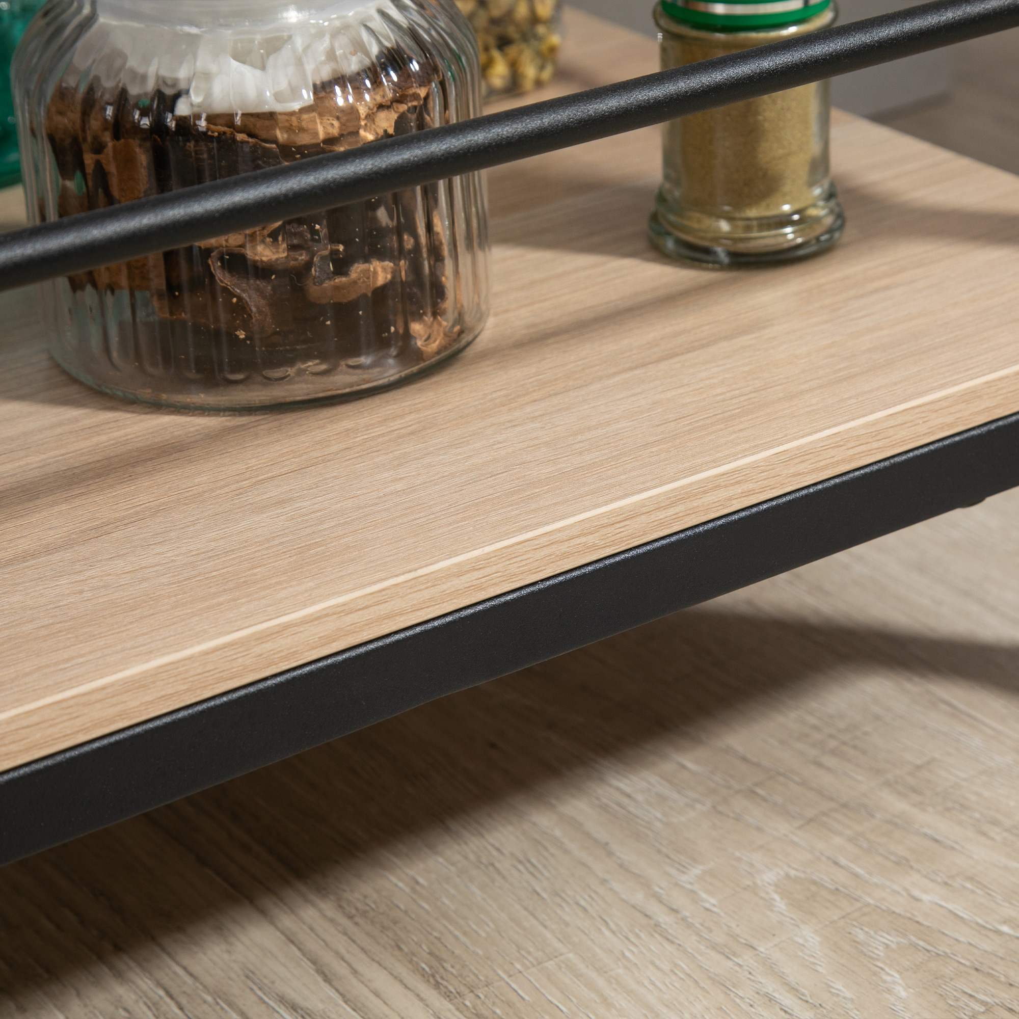 Küchenwagen Servierwagen mit 2 Ablagen, Reling, Stahl, Schwarz+Holz 82 x 40 x 75cm