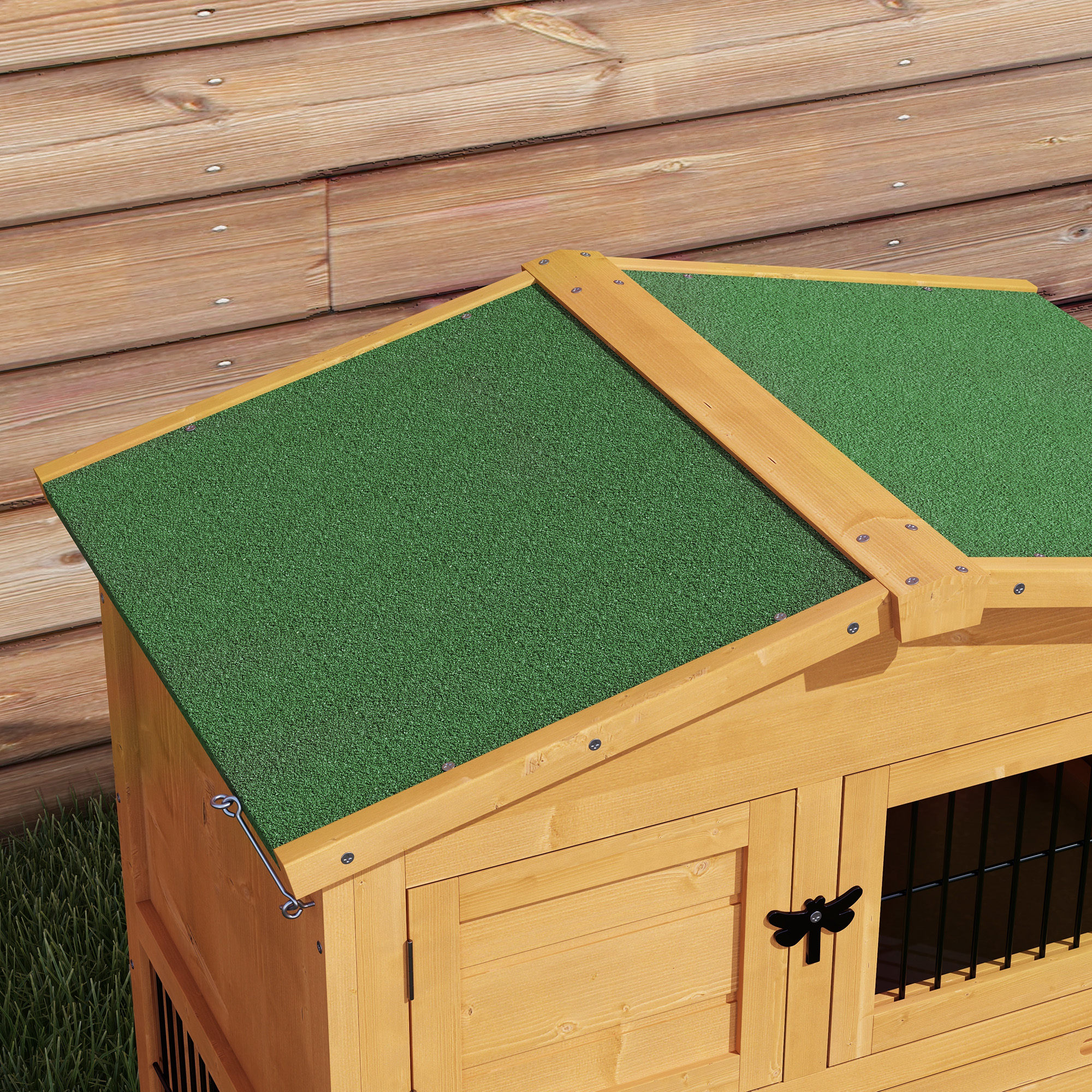 Hasenstall 2 Ebenen Kaninchenstall Tannenholz Winterfest Doppelstockhaus mit Freilaufgehege Rampe 150x52x68 cm Gelb