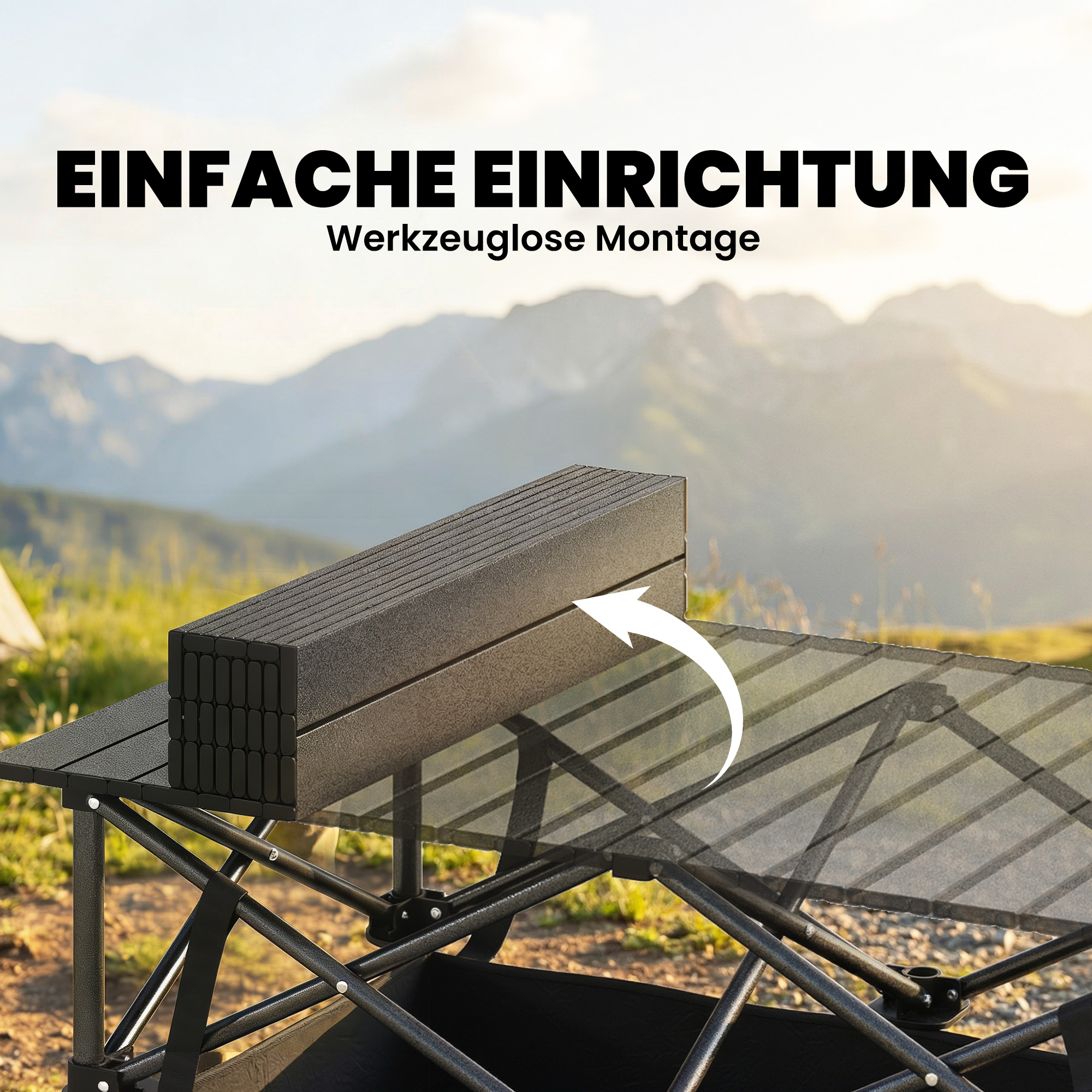 klappbarer rollbarer Picknicktisch Tragbarer Campingtisch mit Netzablage und Tragetasche für den Außenbereich, Schwarz