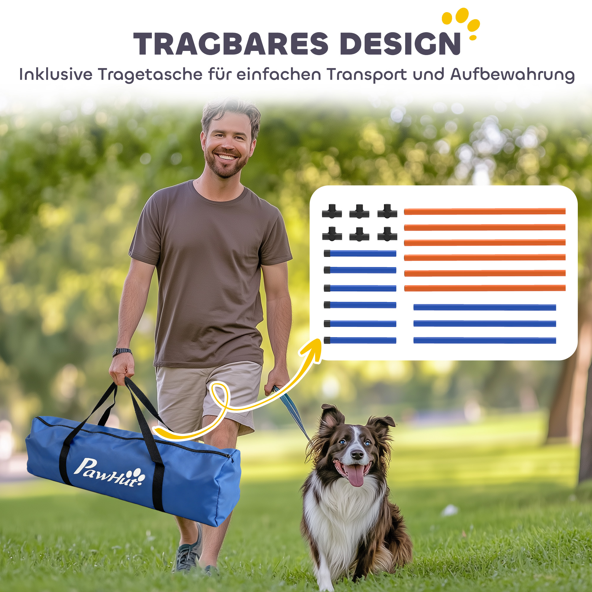 Agility Set Hunde 3-teiliges Agility Ausrüstung mit Slalomstangen Tragetasche Trainingsset für alle Hundegrößen Orange