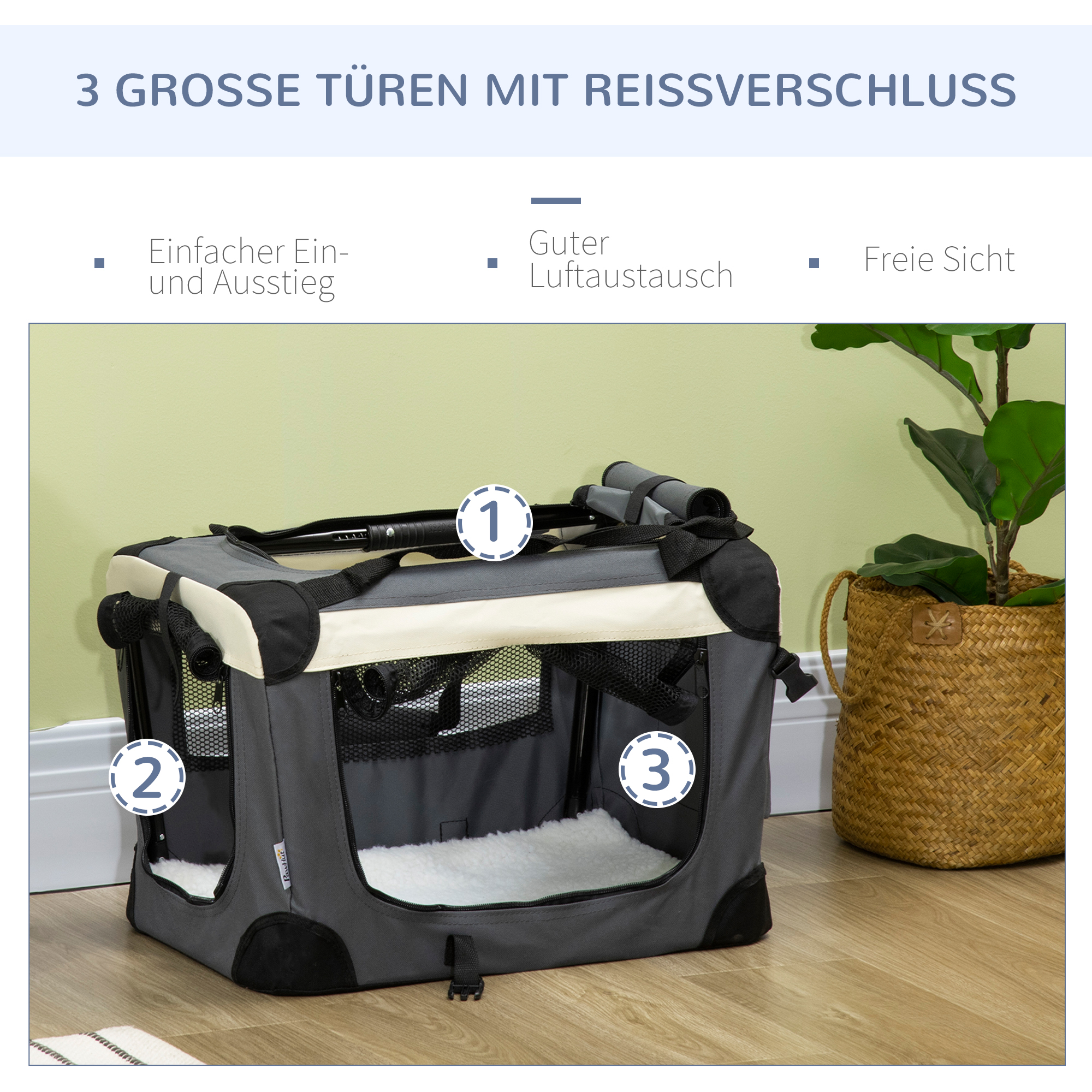 Transporttasche, Transportbox, für Katzen und kleine Hunde, faltbar, 3 Türen, grau, 50,5 x 33,5 x 35cm