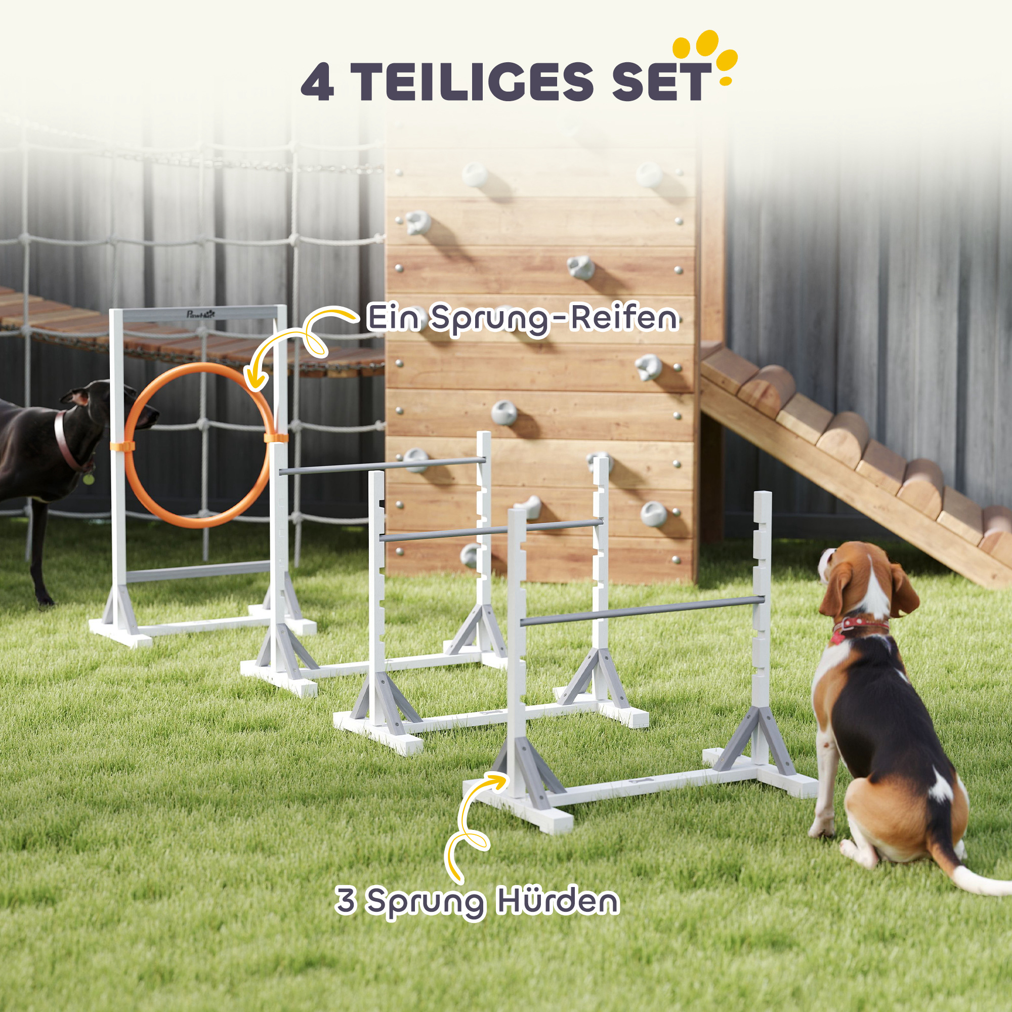 Agility Set Hunde 4-teiliges Agility-Ausrüstung für Hundetraining mit höhenverstellbar Hürden Reifen Weiß