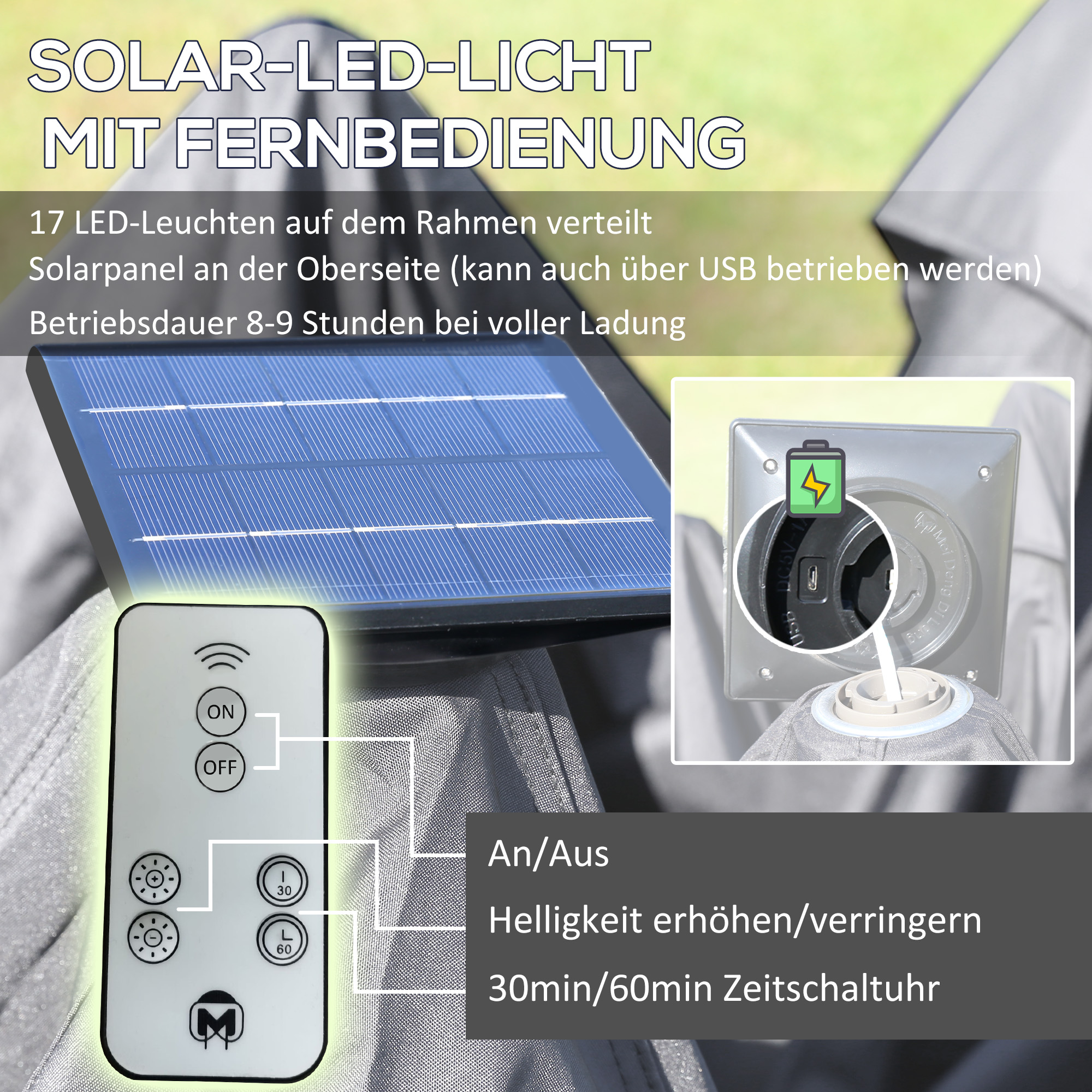 3,3 x 3,3 m Faltpavillon mit LED-Beleuchtung, Meshvorhänge, Tragetasche, Grau