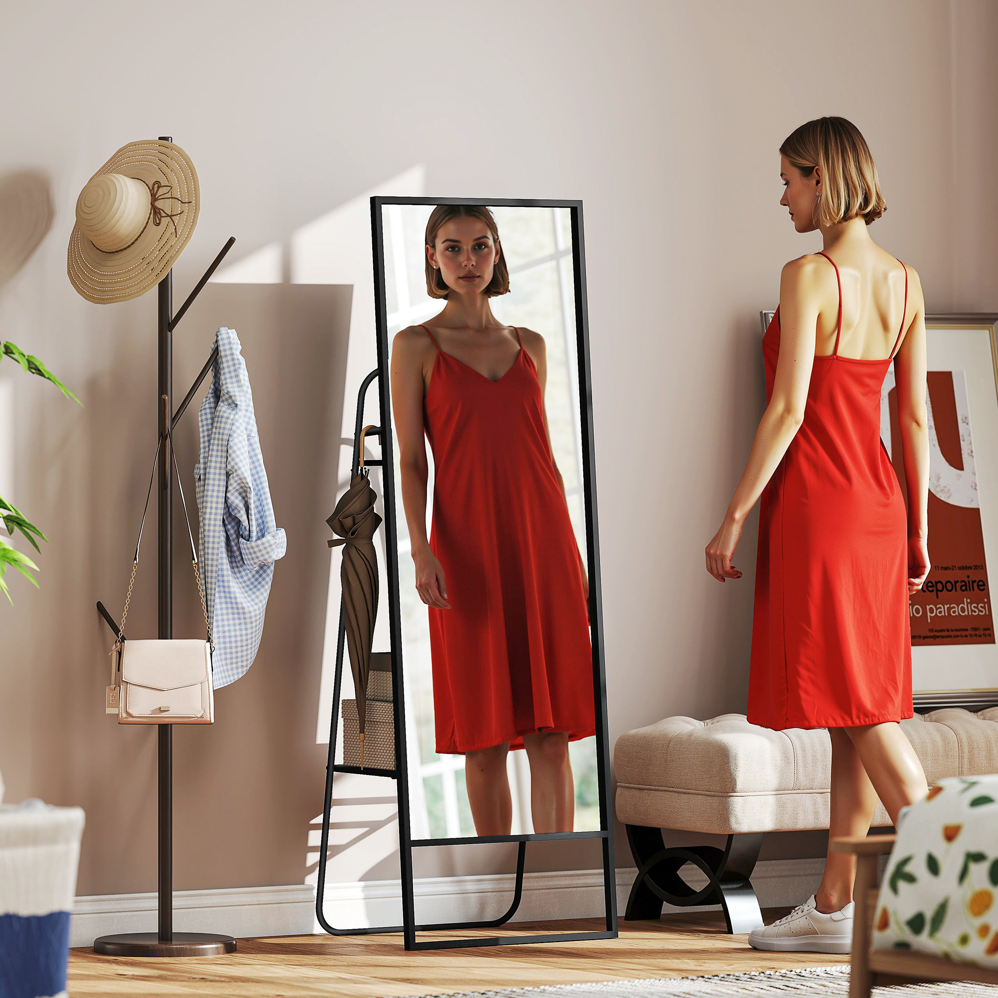 Ganzkörperspiegel, industrielles Design, hinteres Regal, 2 Haken, Metallrahmen, für Schlafzimmer, 157 x 50 cm, Schwarz