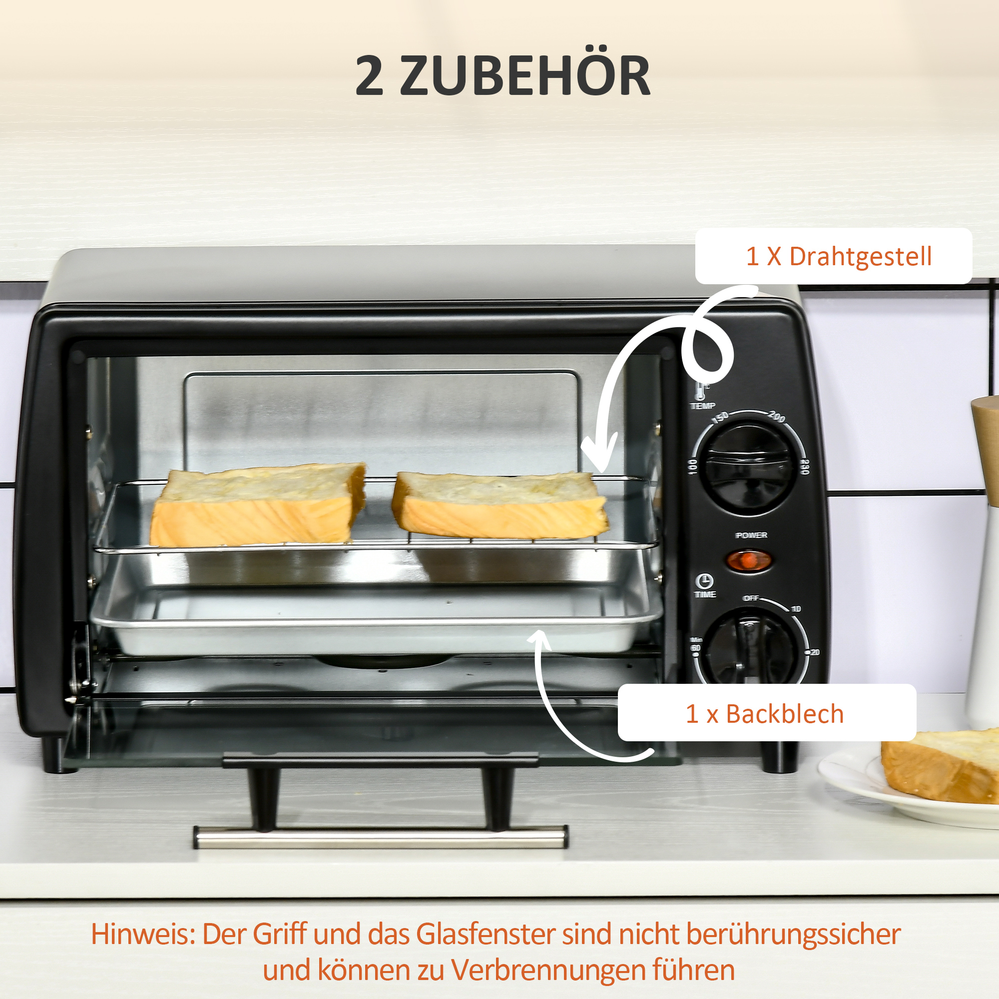 Mini-Ofen Toasterofen, 1 Backblech, 1 Grilrost, 10 L Kapazität, Timer-Funktion, 36.5 cm x 26 cm x 22 cm, Schwarz