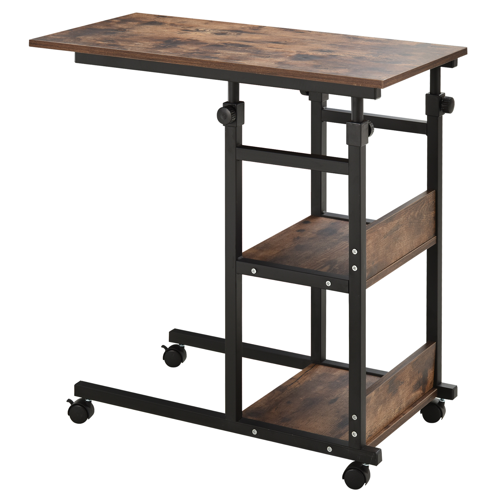 Beistelltisch mit Rollen, höhenverstellbar, kompakt, 2 Ablageböden, Metallrahmen, 80x40x72-82 cm, Braun/Schwarz Beistelltisch mit Rollen, höhenverstellbar, kompakt, 2 Ablageböden, Metallrahmen, 80x40x72-82 cm, Braun/Schwarz