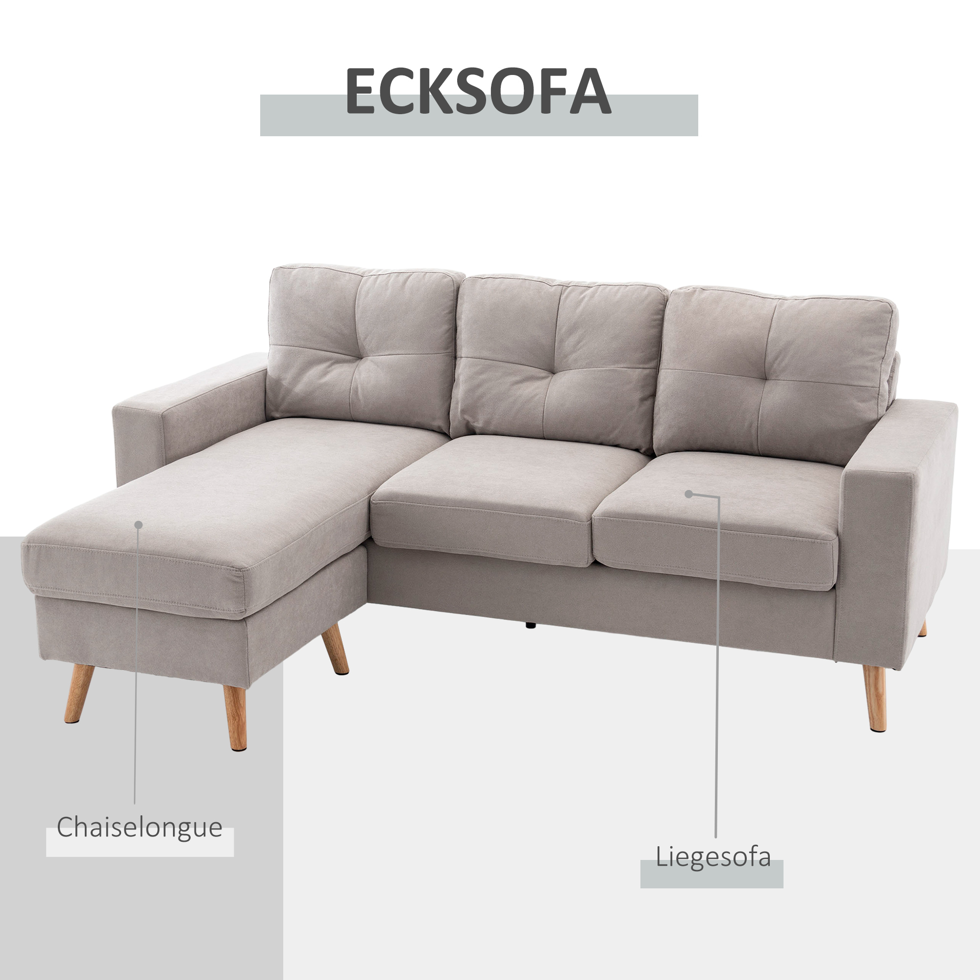 3-Sitzer-Ecksofa, Leinenoptik, Wendbare Chaiselongue, 193x136x85 cm, Hellgrau