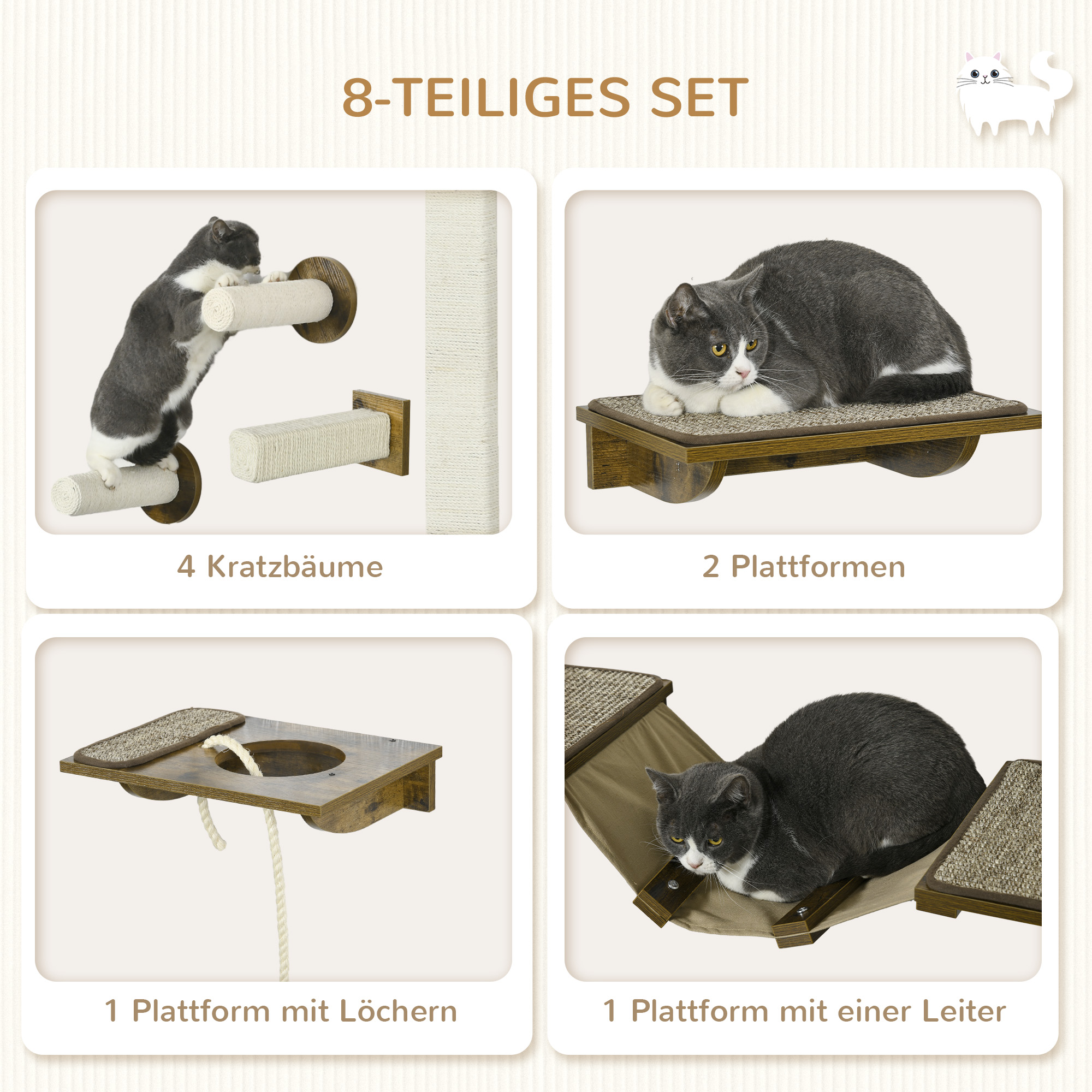 Katzentreppen-Set, Kletterwand, 8-teilig, bis 8 kg, robust, Braun/Cremeweiß