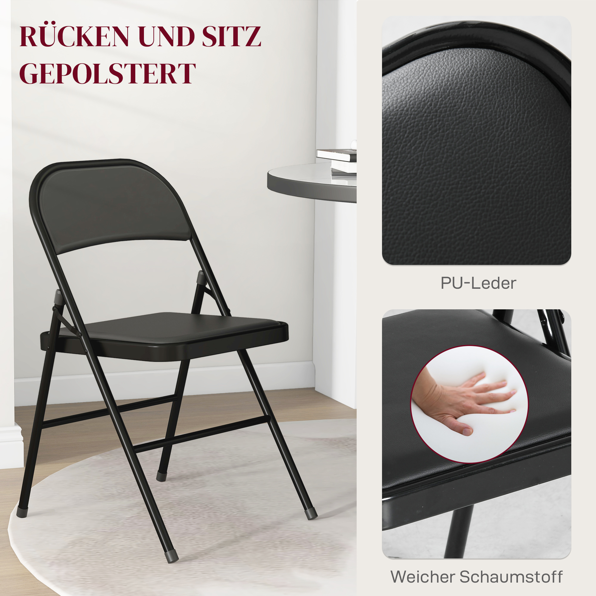 4er-Set Klappstühle, Tragbare Bürostühle, Metallbeine, Faltstuhl für Büro, Empfang, Wartezimmer, Kunstleder, Schwarz
