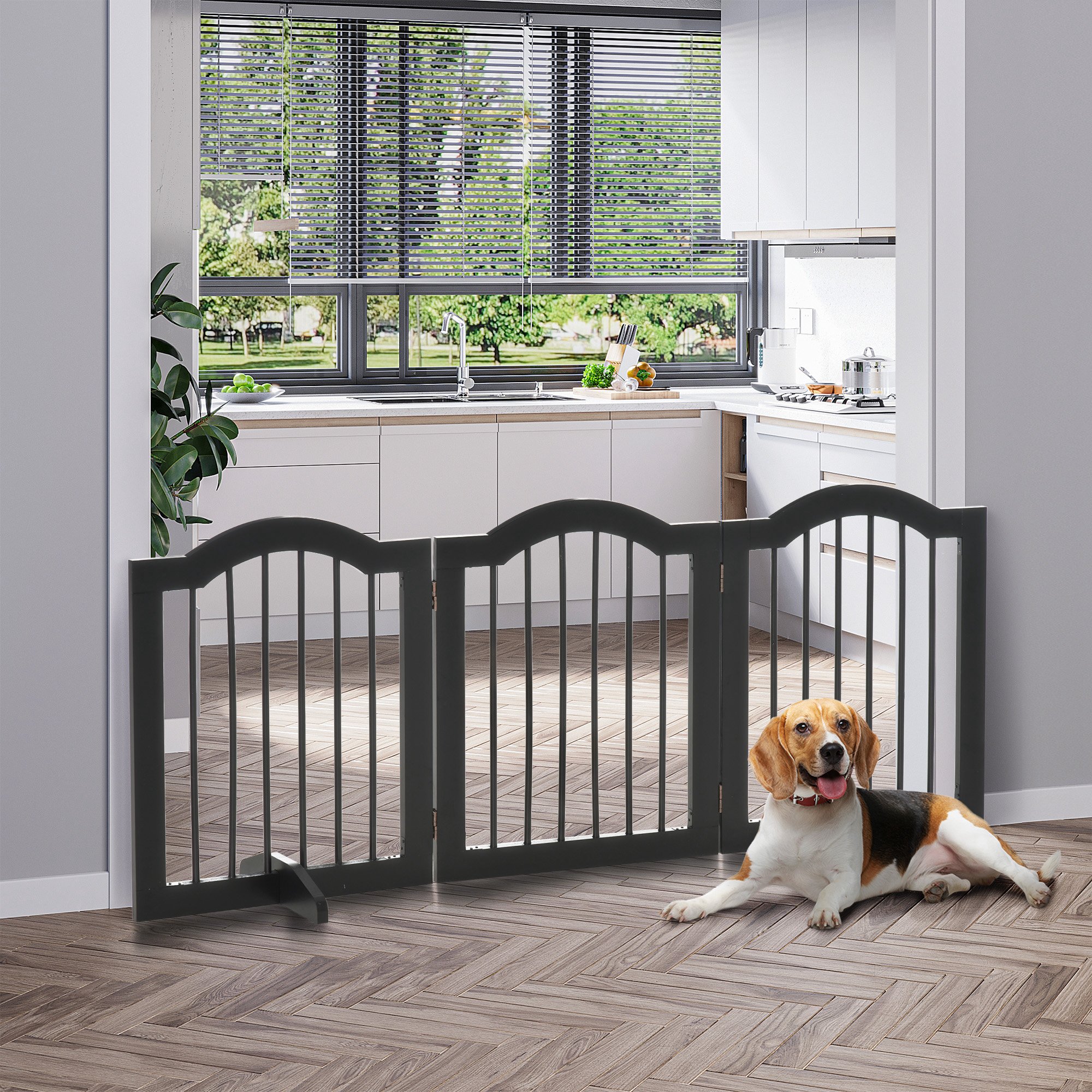 Absperrgitter Hund 3-teilig, 154,5 x 61 cm Faltbar Hundegitter mit Tür, Türschutzgitter mit 2 Stützfüßen, Freistehend Treppengitter für Küche, Flur, Schwarz