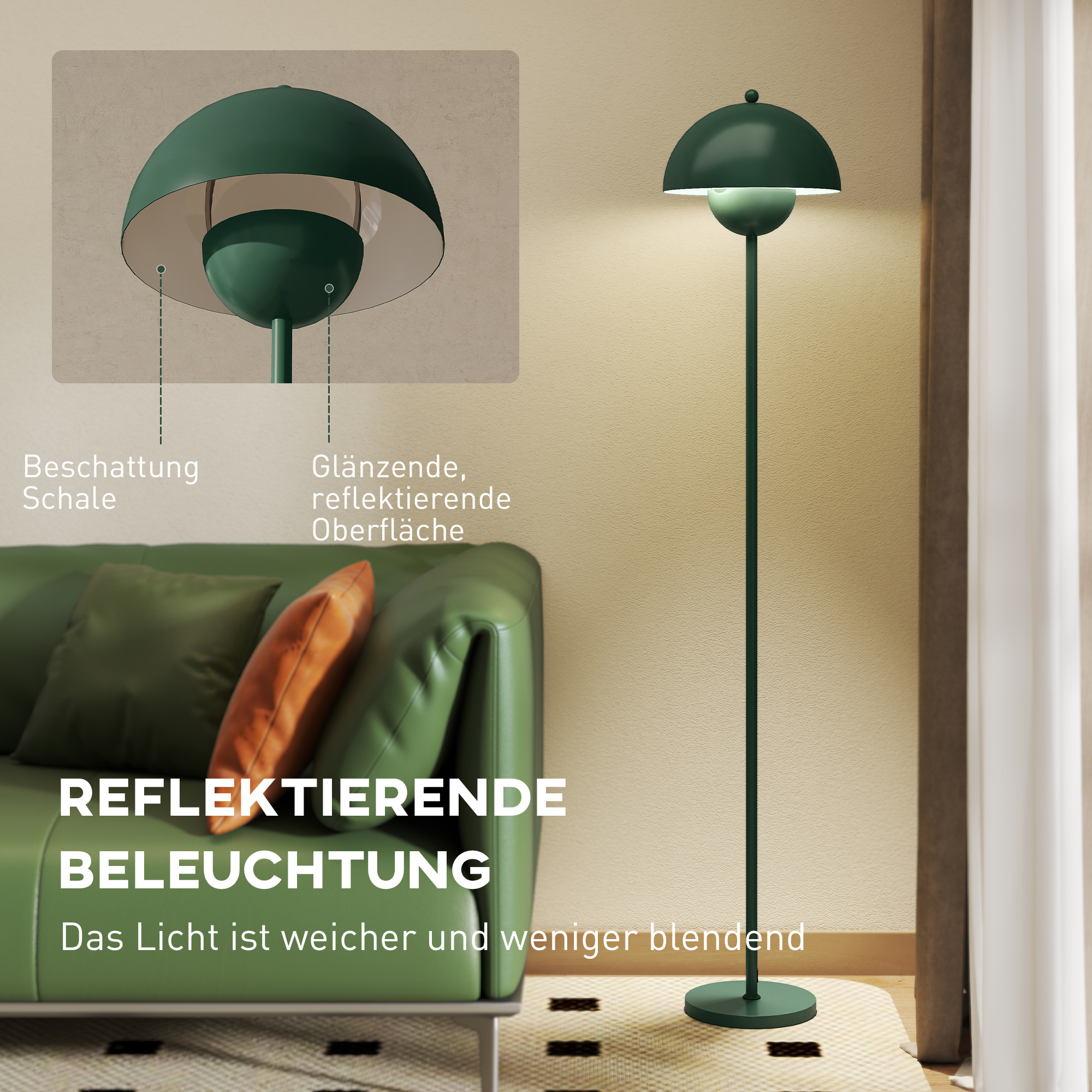 Stehlampe, runder Schirm, Fußschalter, langes Kabel, eleganter Look, Stahl, Grün