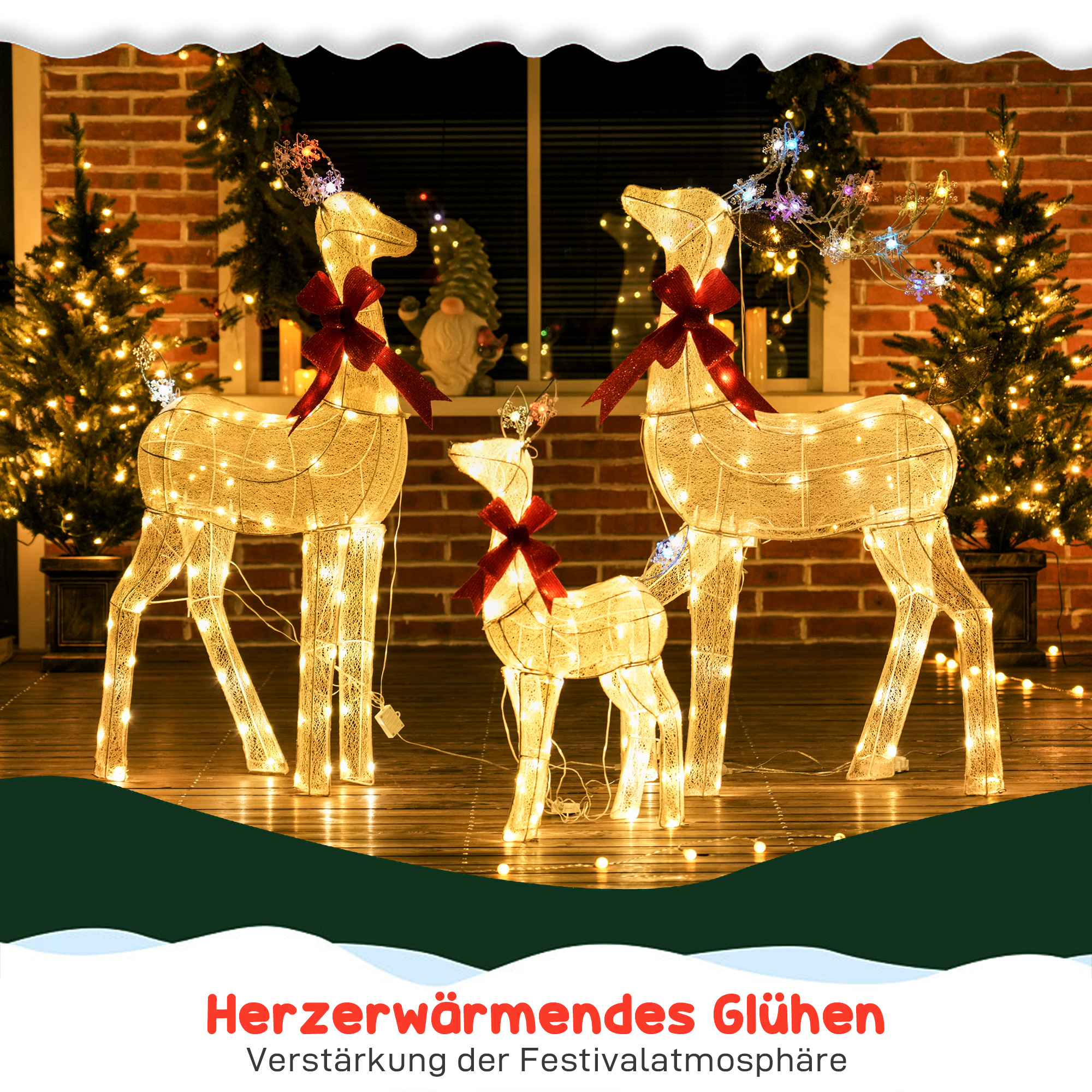3-teilige Weihnachts-Dekoration, Rentier-Familie mit LED-Beleuchtung, rote Schleife, Stahl, Polyester, wasserfest