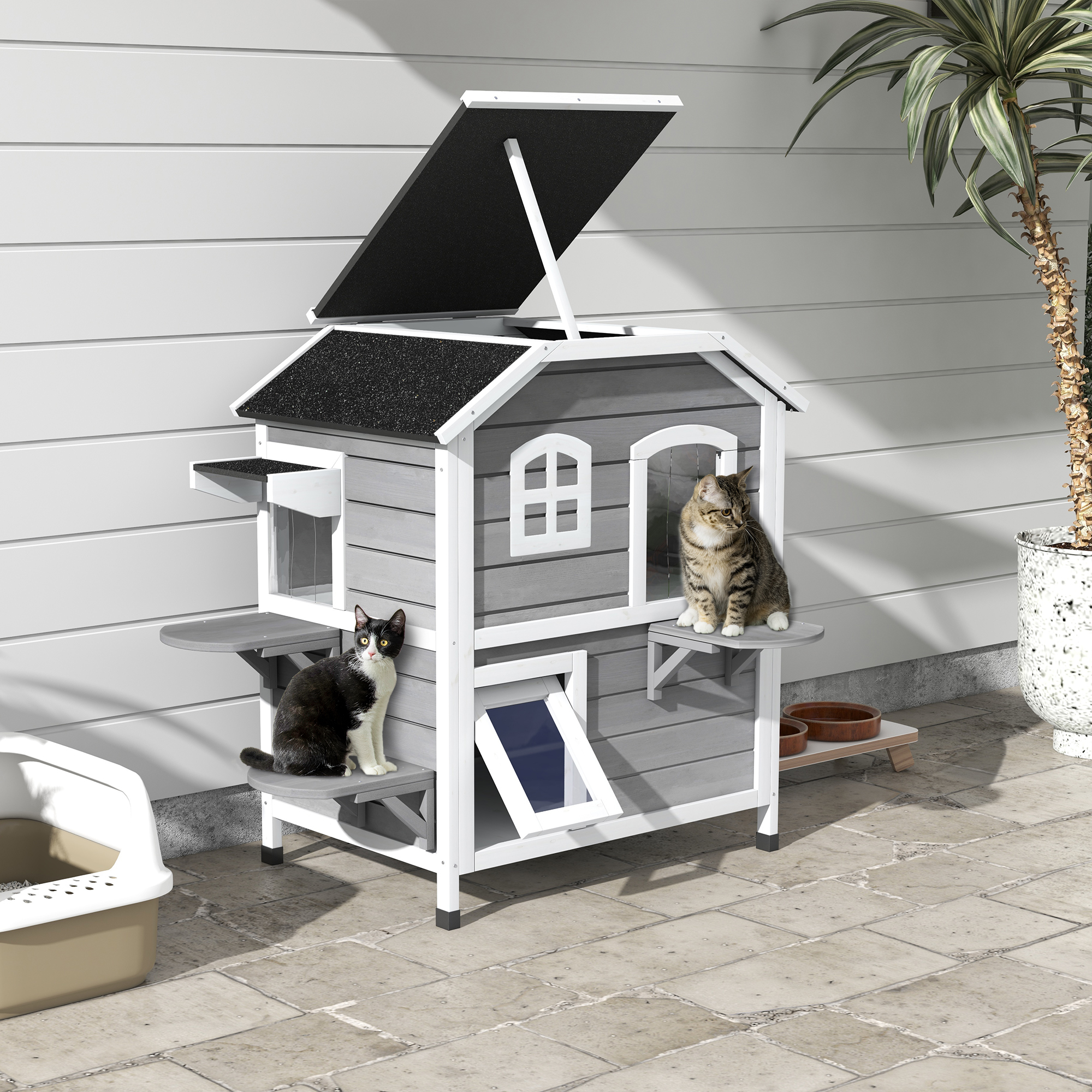 Katzenhaus aus Holz 2-Etagen Winterfest wasserdicht Katzenhütte mit Asphaltdach klappbarem Deckel Treppe Katzenhöhle Outdoor Schutzhütte für Draußen Garten Balkon 99,5 x 76 x 91 cm Grau