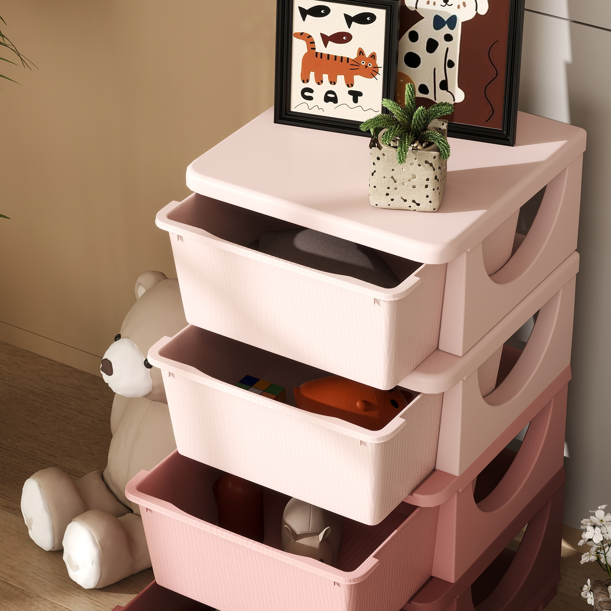 Aufbewahrungsboxen für Kinder, 4 Schubladen, abgerundete Kanten, erhöhtes Design, 37x37x76 cm, Rosa