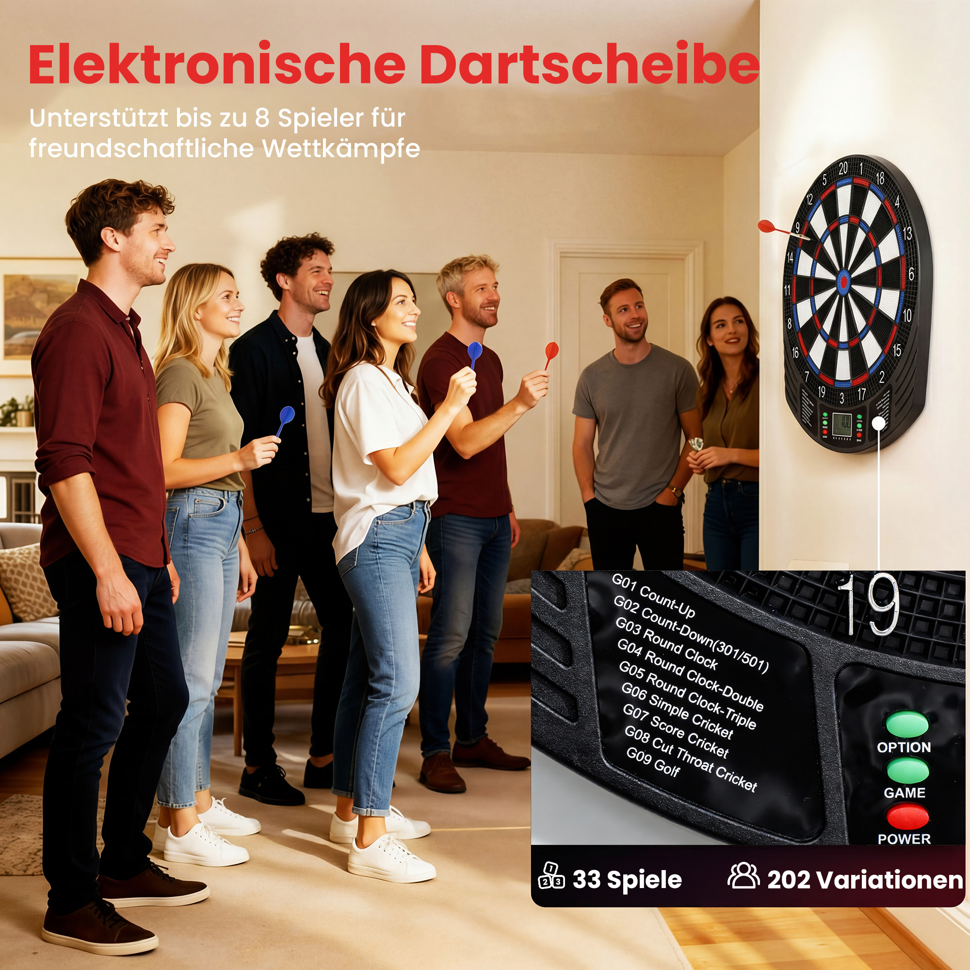 Elektronisches Dartboard für 1-8 Spieler, LCD-Display, 6 Dartsets, Bunt