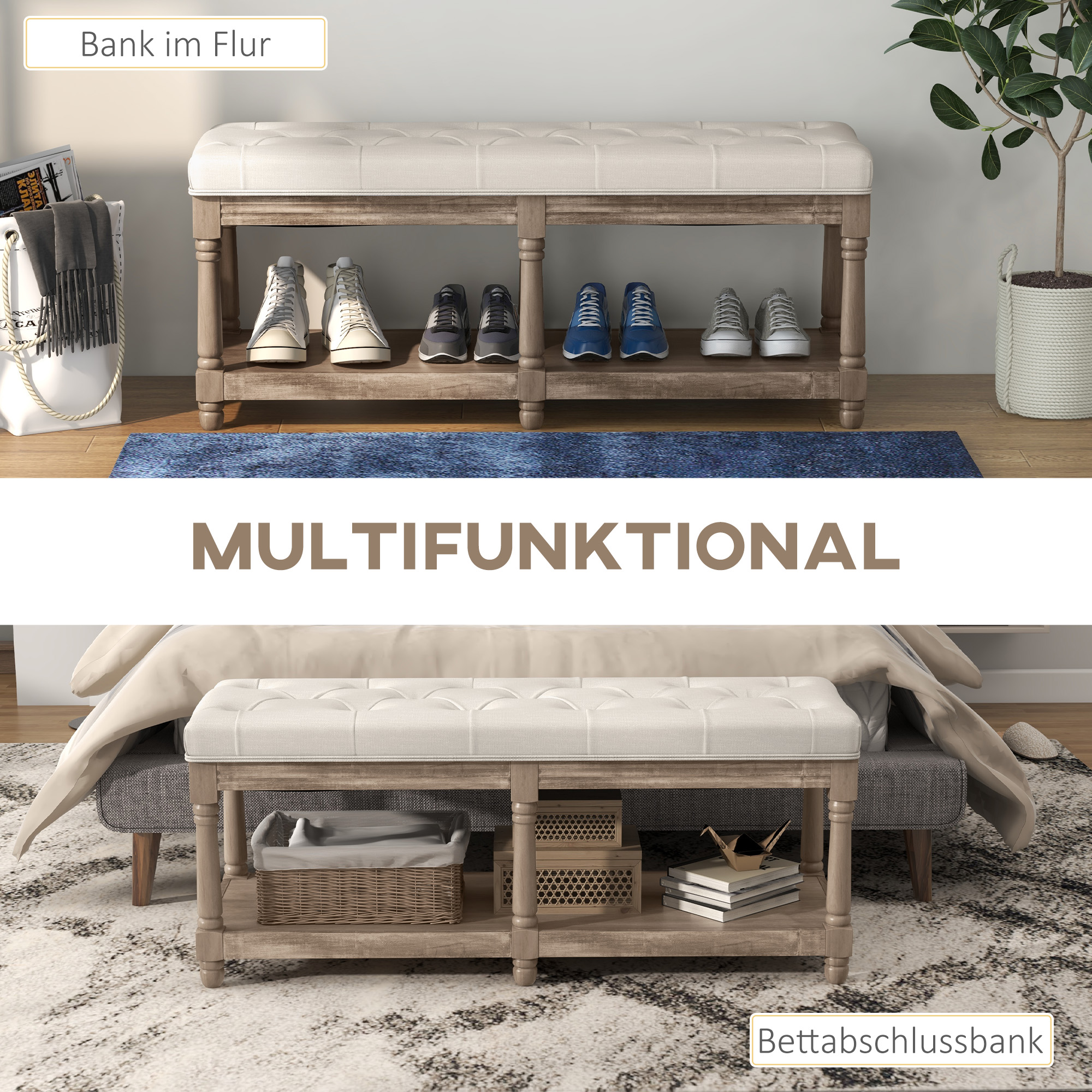 Sitzbank mit Stauraum, Vintage-Design, Knopfheftung, Kautschukbaumholz, 115x40x48cm, Cremeweiß