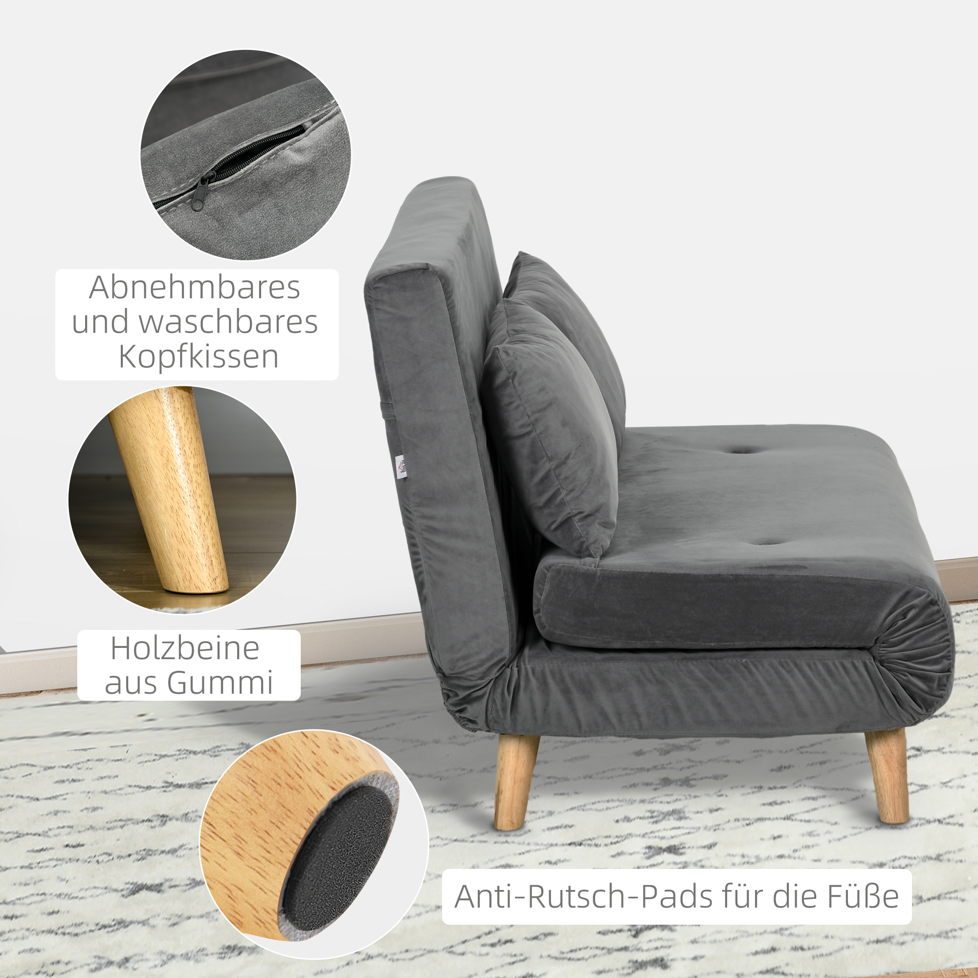 Schlafsofa Relaxsofa Sofa Couch, inkl. 2 Kissen, Samtoptik, 130 x 78 x 79 cm, Grau