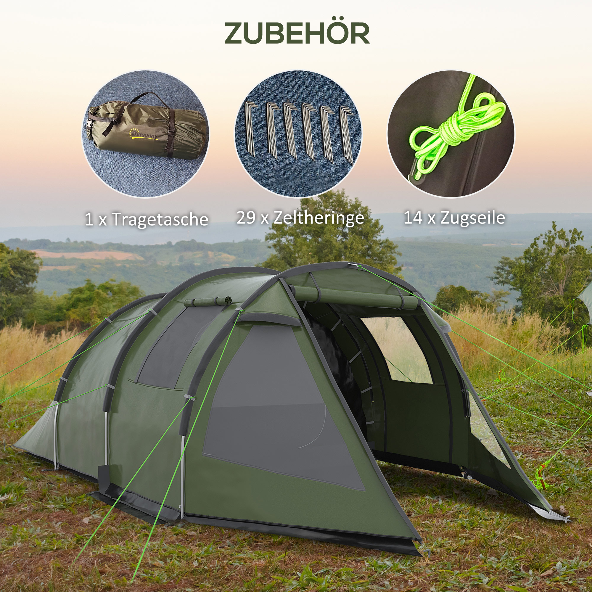Campingzelt für 3-4 Personen, zwei Innenräume, Netzfenster, grün, 4,75 x 2,64 x 1,72 m