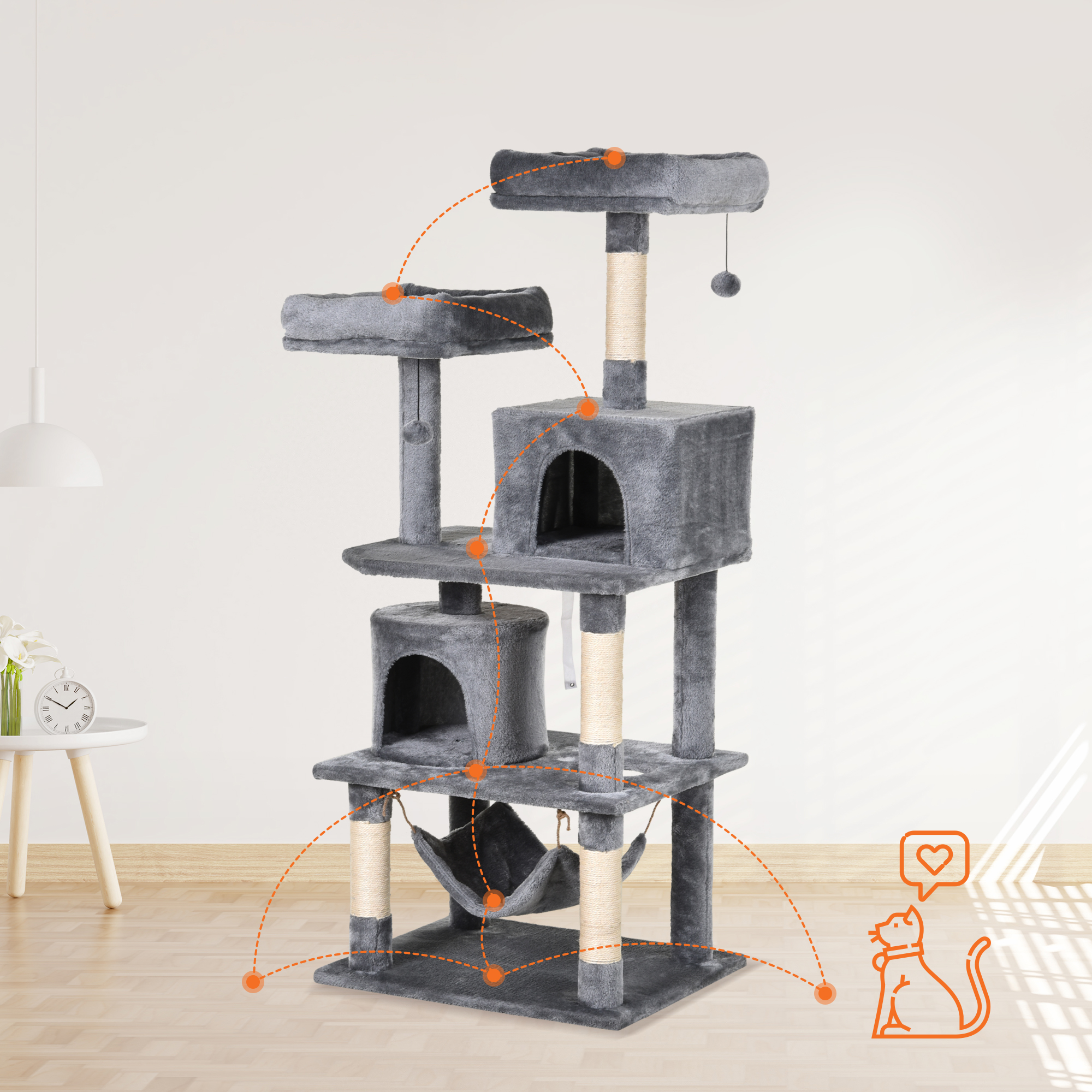 Katzen Kratzbaum groß 145 cm, Katzenbaum mit Hängematte, Kletterbaum für Katzen, Katzenkratzbaum Höhle Katzenmöbel mit Sisalstämmen, Hellgrau