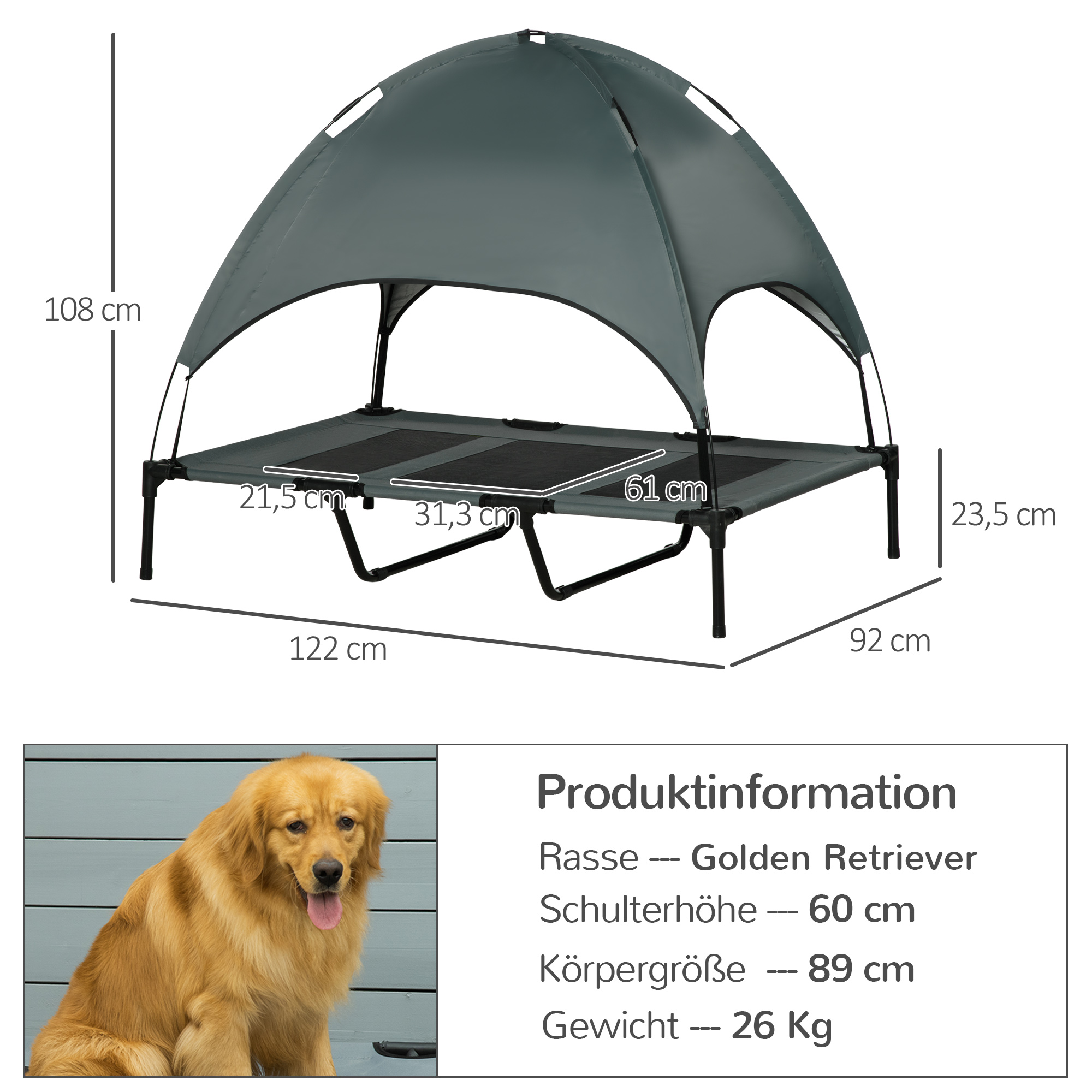 Erhöhtes Hundebett mit Baldachin, Haustierbett, Hundeliege outdoor mit Dach, Atmungsaktiv, Taftstoff für Camping Grau 122 x 92 x 108 cm