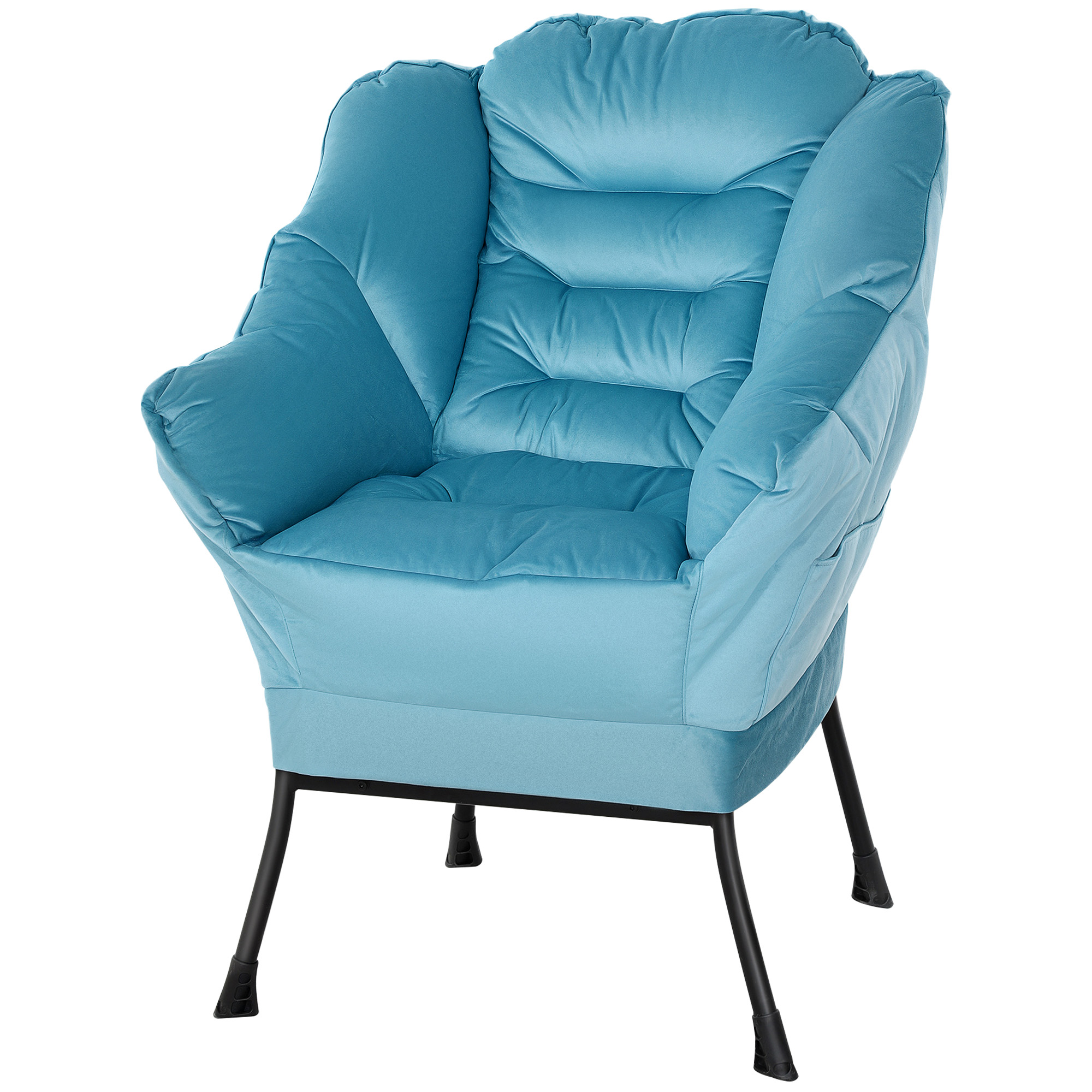 Moderner Akzentstuhl, Polsterstuhl mit Stahlbeinen und Seitentaschen, für Wohnzimmer, Schlafzimmer, Blau