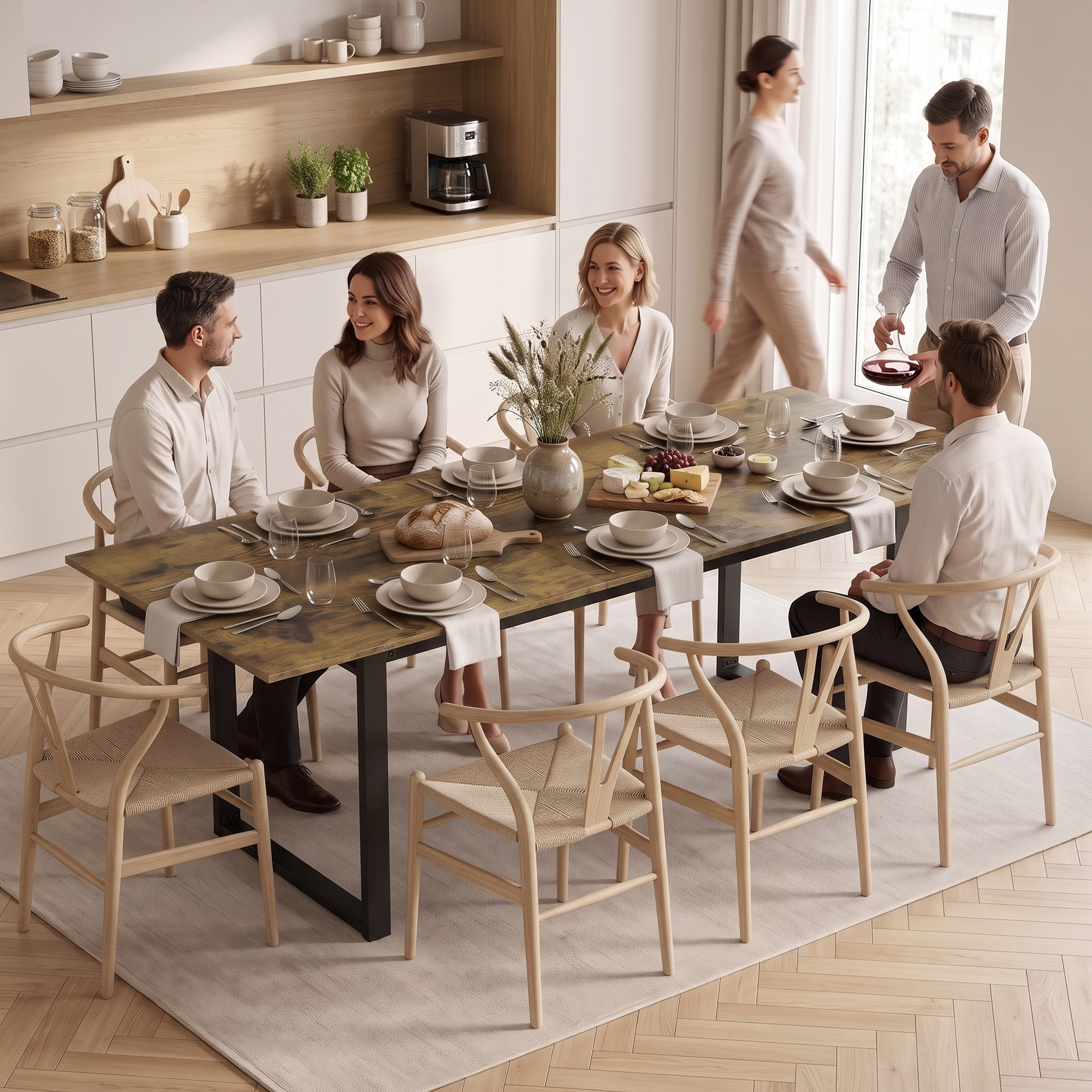 ausziehbarer Esstisch 140-180 cm für 6-8 Personen, rechteckig im Industrial-Design mit Stahlgestell, Tigerholzoptik