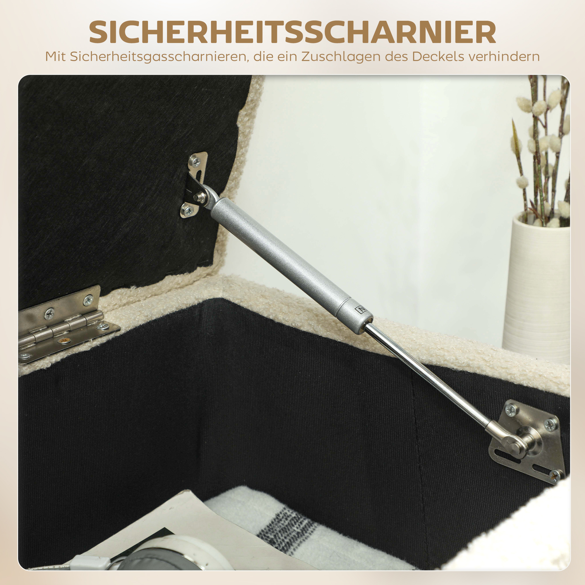 Sitzbank im Vintagedesign, Schuhbank, versteckter Stauraum, Kaschmir-Optik, Beige + Schwarz