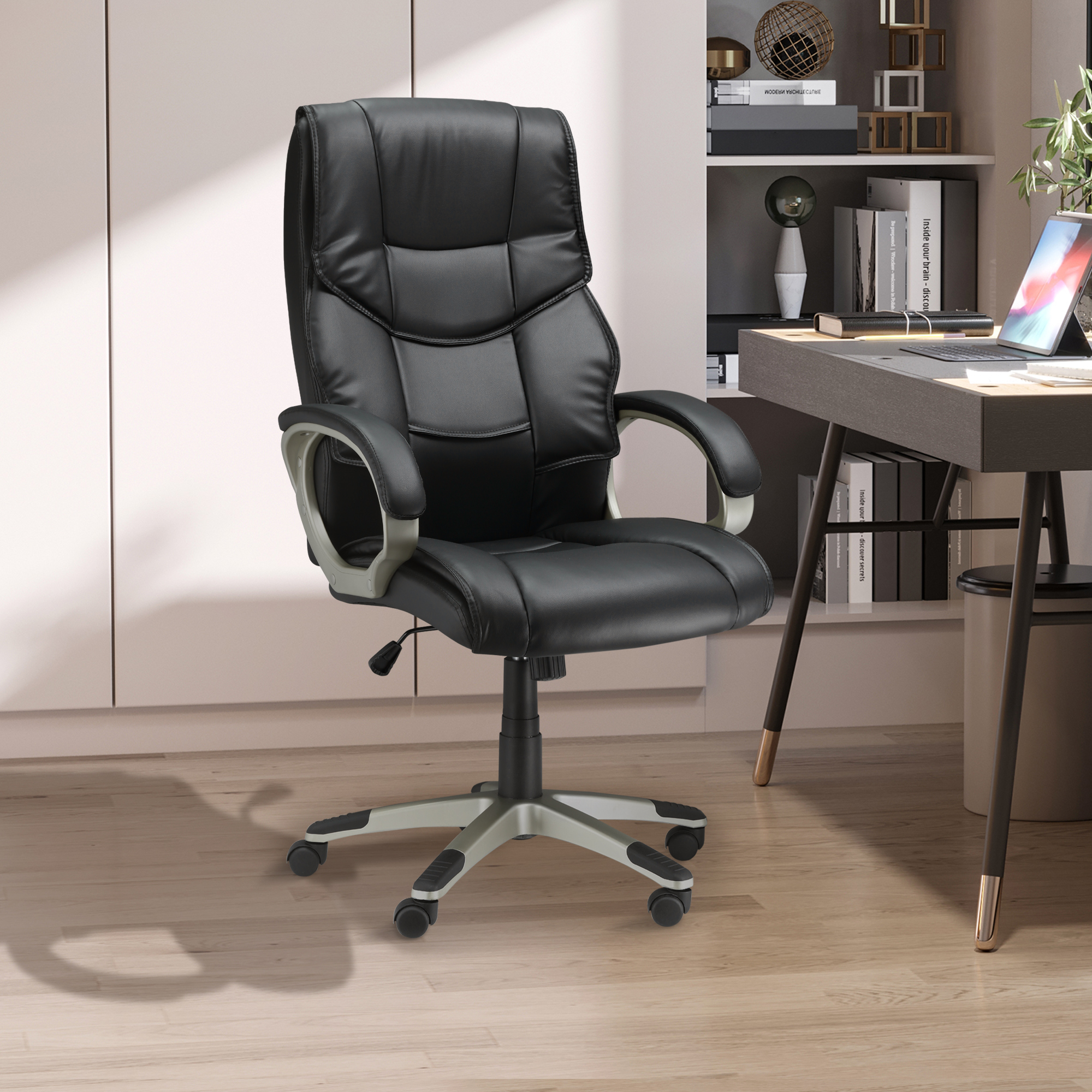 Bürosessel Chefsessel mit Wippfunktion Bürostuhl Schreibtischstuhl Ergonomischer Drehstuhl Sportsitz Hoher Rückenlehne Schwarz Kunsterleder Metall 70 x 58 x 114–124 cm