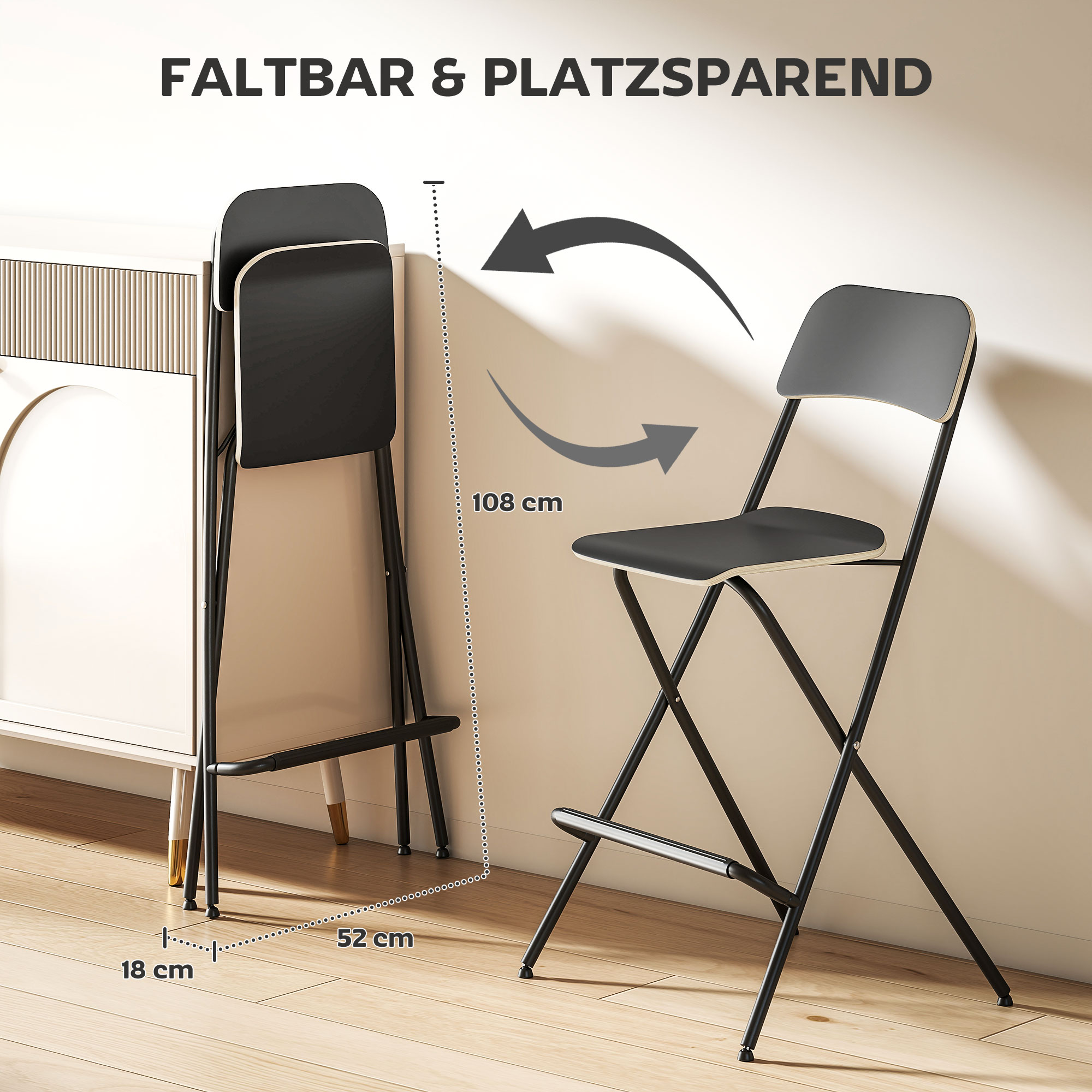 2er-Set Barhocker, klappbare Barstühle mit Stahlrahmen, für Küche, Esszimmer, Schwarz