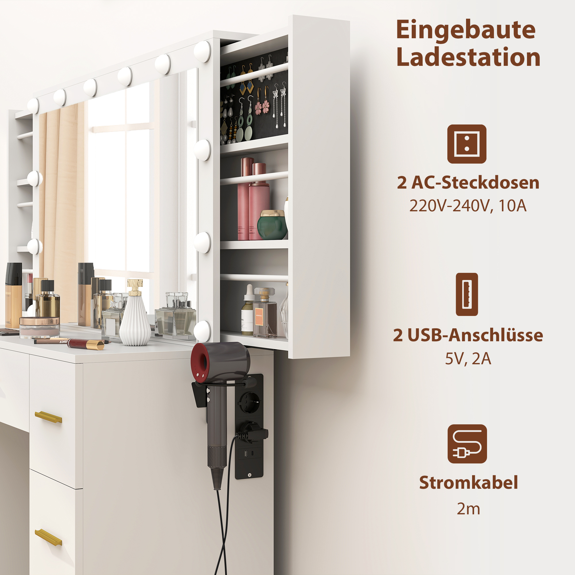 Schminktisch mit Spiegel und 12 LED-Lichtern, Frisiertisch mit 7 Schubladen, 6 versteckte Staufächer, Spanplatte, Weiß
