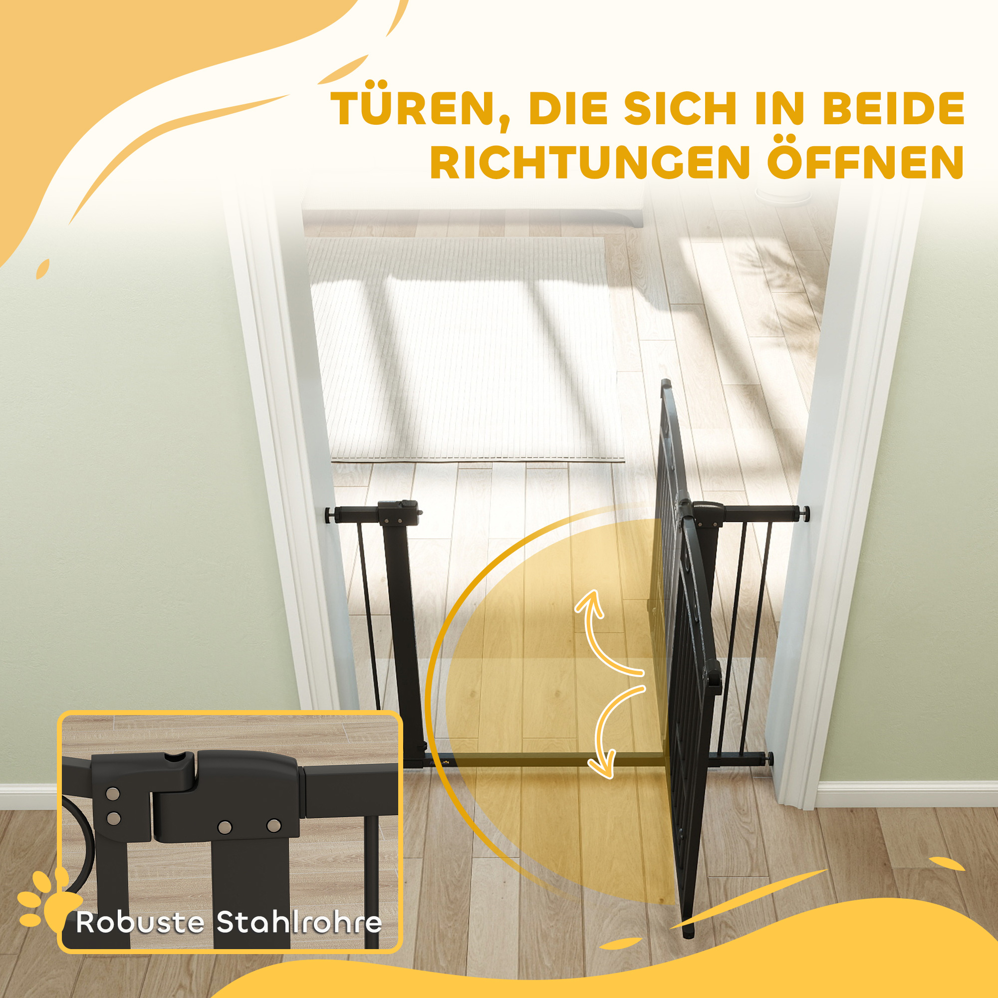 Haustiertor, 77 cm Treppengatter, verstellbare Breite 76-104 cm, mit Katzentür, für Treppen und Türöffnungen, Schwarz
