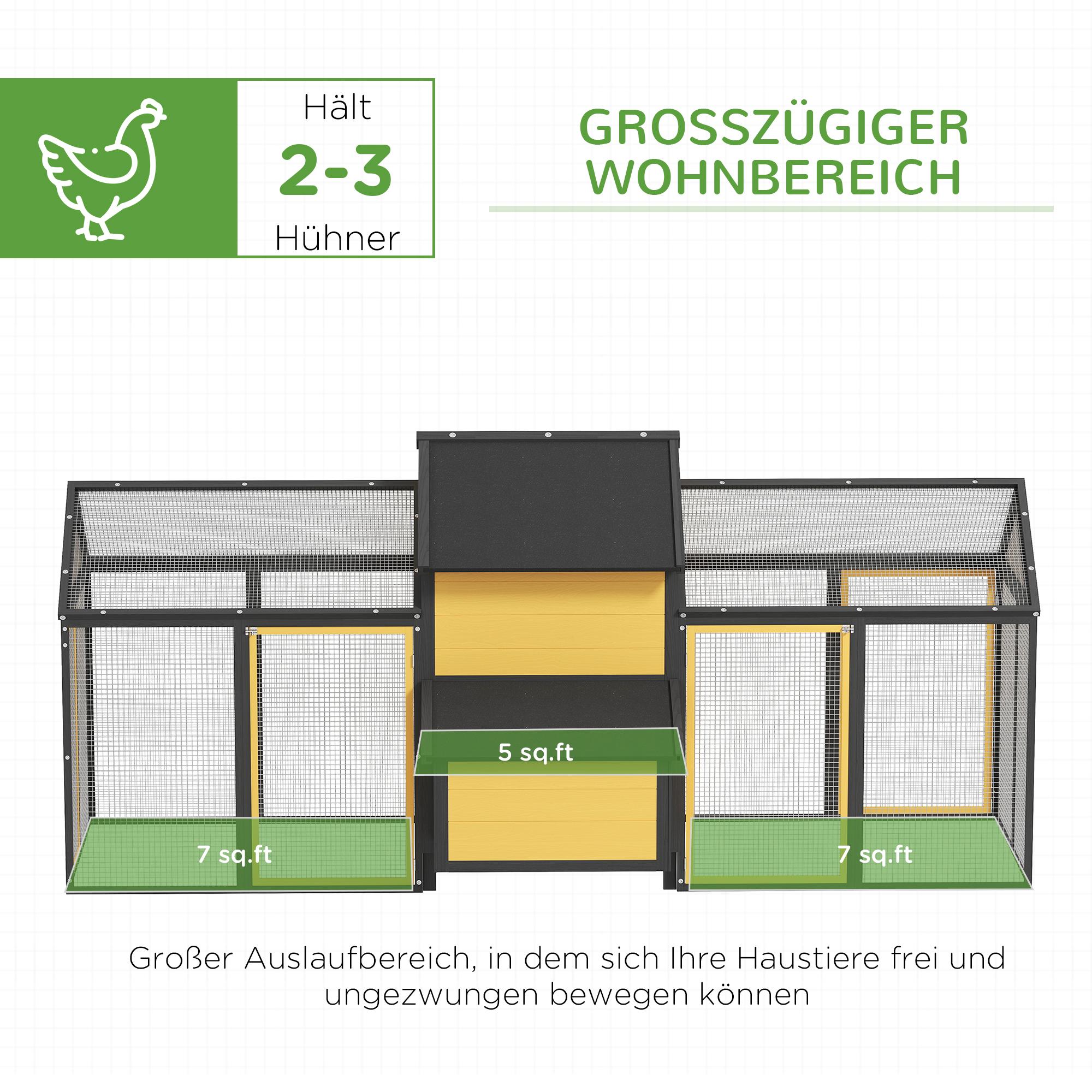 Hühnerstall Kleintierstall 2 Außengehege, 1 Nistkasten, 2 Rampen,Asphaltdach, wetterbeständig, Gelb